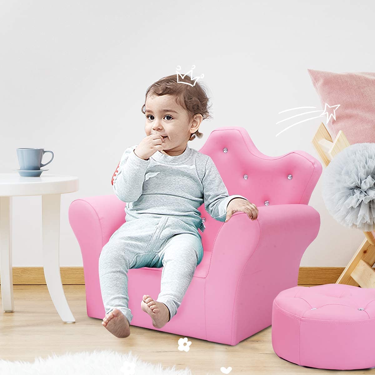 Comfy Toddler Chair with Ottoman - Wooden Frame & PVC Leather Kids Sofa for Girls and Boys - Perfect for Bedroom, Living Room, Playroom & Nursery - Princess Toddler Couch for Reading, TV Time & Relaxation