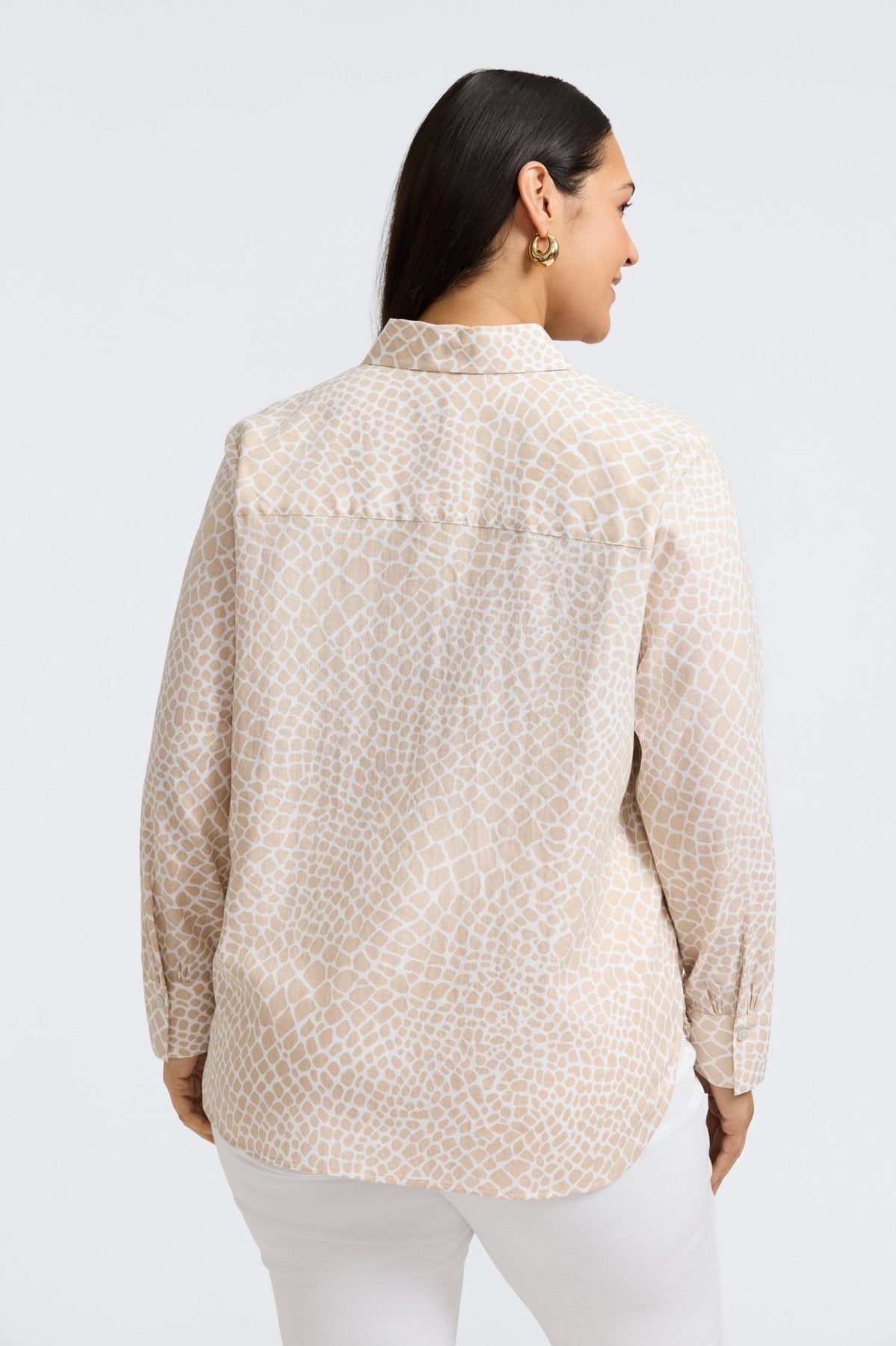 Meghan Plus Linen Giraffe Print Long Sleeve Shirt for Women - Casual Comfort Top for Work, Travel & Everyday Wear
