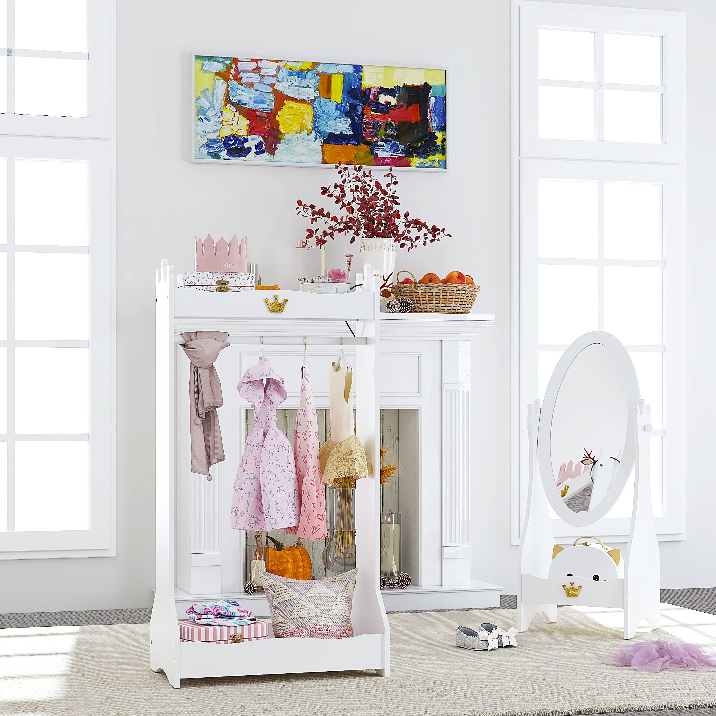 UTEX Kids Dress Up Storage Organizer - Hanging Armoire Closet with Rack for Toddler Costumes (Age 3+) - White | Perfect for Bedroom, Playroom & Daycare Organization