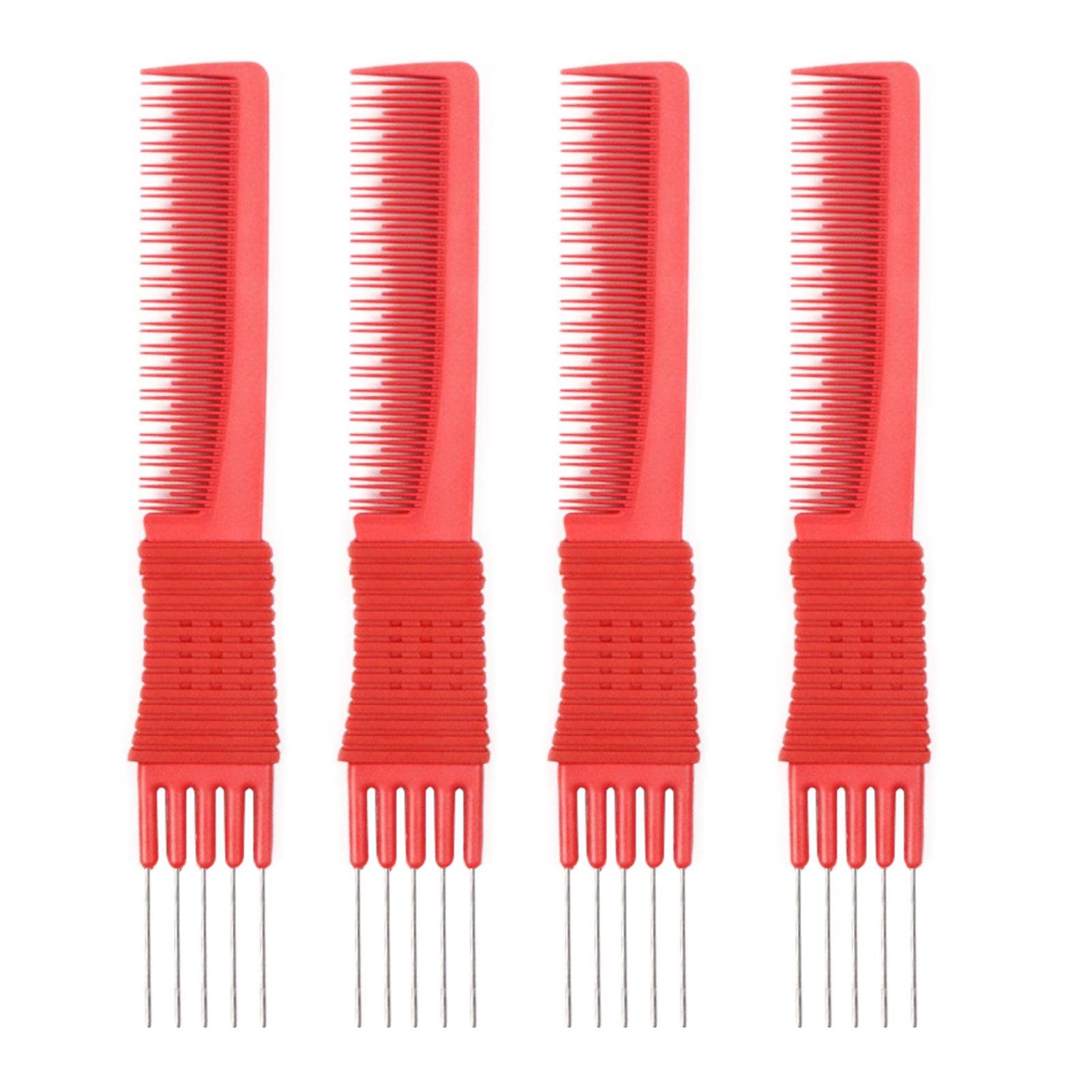 Faddare 4Pcs Women's Teasing Comb Set - Lightweight Carbon Fiber Hair Volumizing Brush with Metal Prongs (Red) for Styling, Updos & Salon-Quality Volume