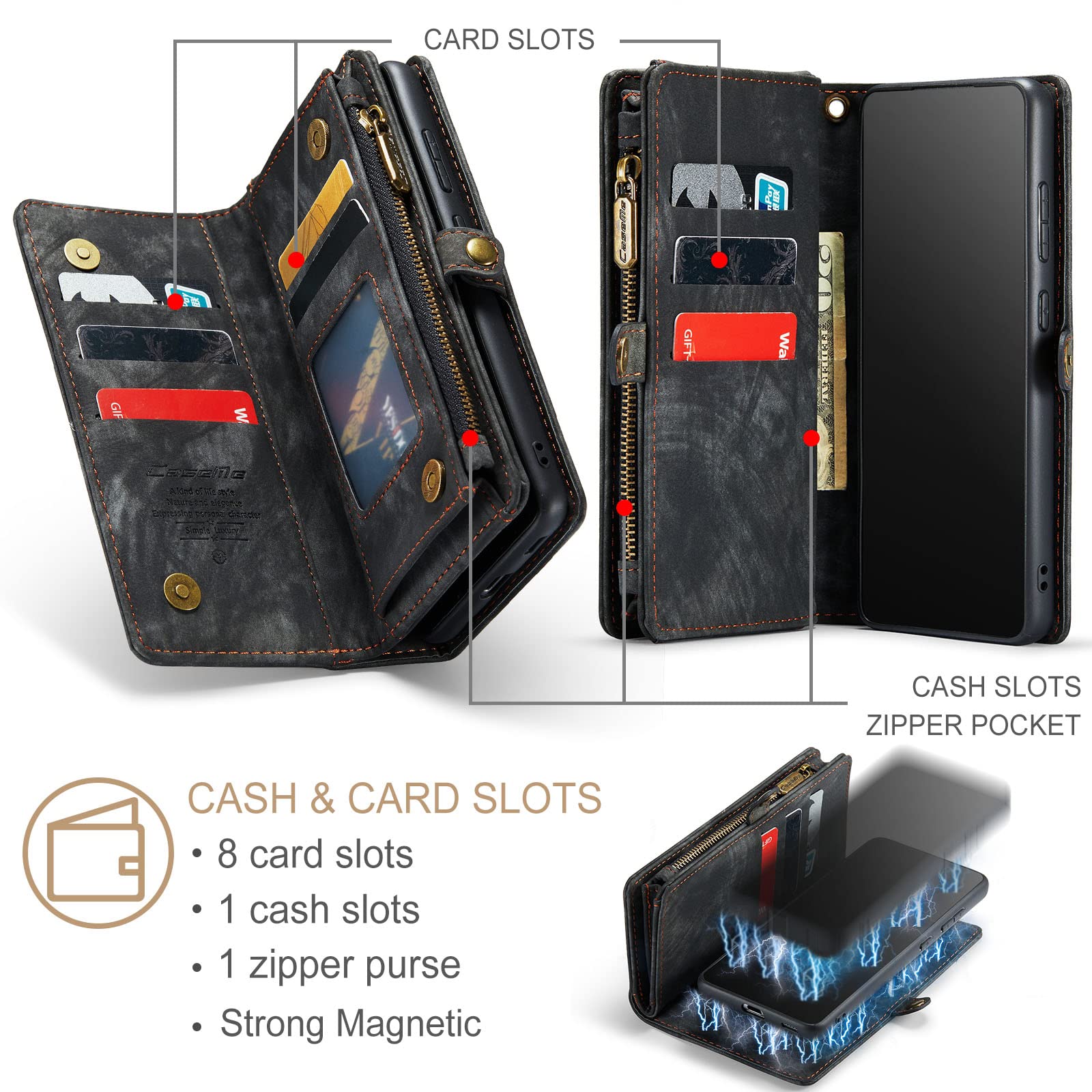 Genuine Leather Wallet Case for Samsung Galaxy S21 Plus - Detachable Magnetic Cover with Zipper Purse, RFID Blocking & Card Slots | Perfect for Business, Travel & Everyday Protection (Black)
