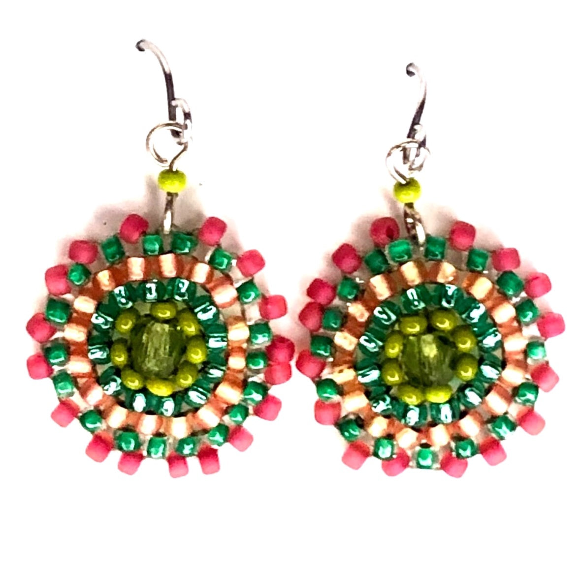 Pink and Green Seed Bead Starburst Earrings | Handmade Bohemian Dangle Earrings for Women | Perfect for Festivals, Parties & Boho Fashion