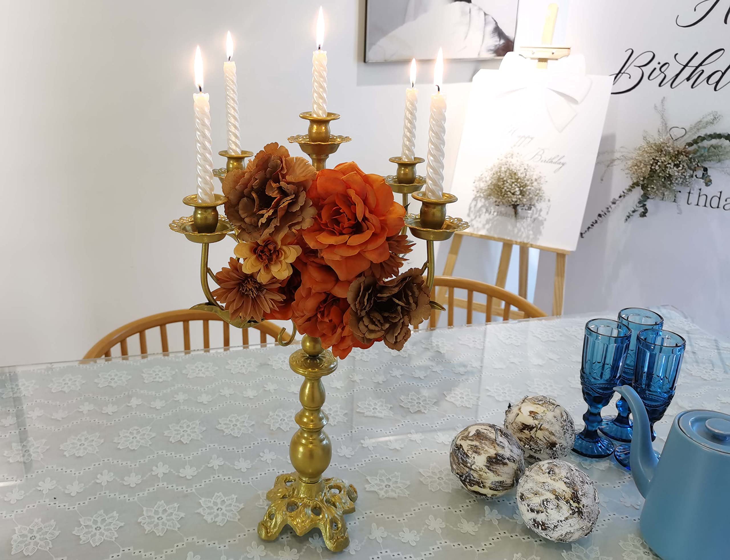5-Arm Gold Metal Candelabra - 17 Inch Tall Taper Candle Holder for 1/2 to 1 Inch Candles | Elegant Centerpiece for Dining Table, Wedding Decor & Romantic Home Lighting