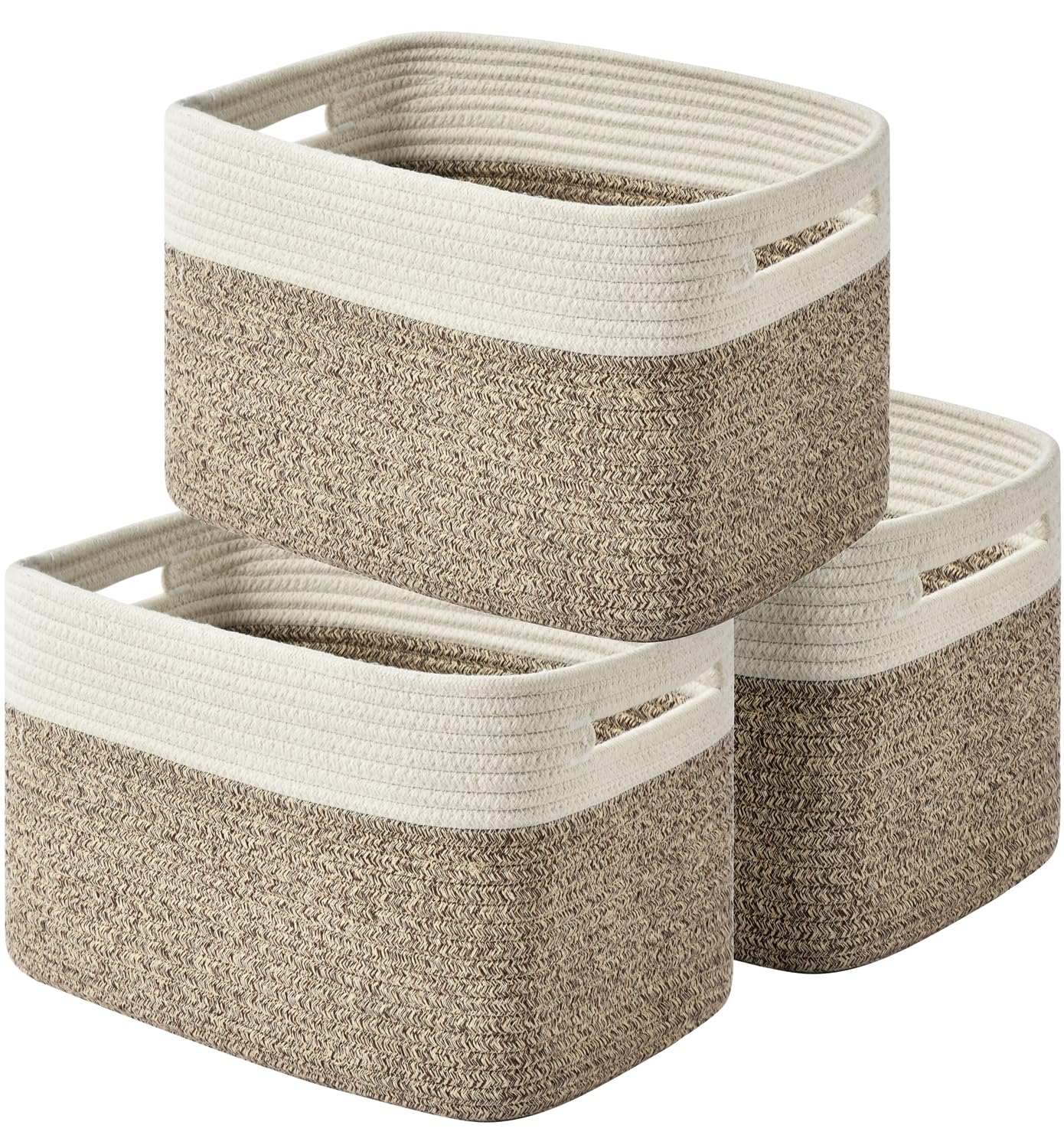 Woven Cotton Rope Storage Baskets - 3 Pack, Brown | Decorative Organizing Bins for Shelves, Books, Towels & Toys | Perfect for Living Room, Bedroom & Bathroom Organization