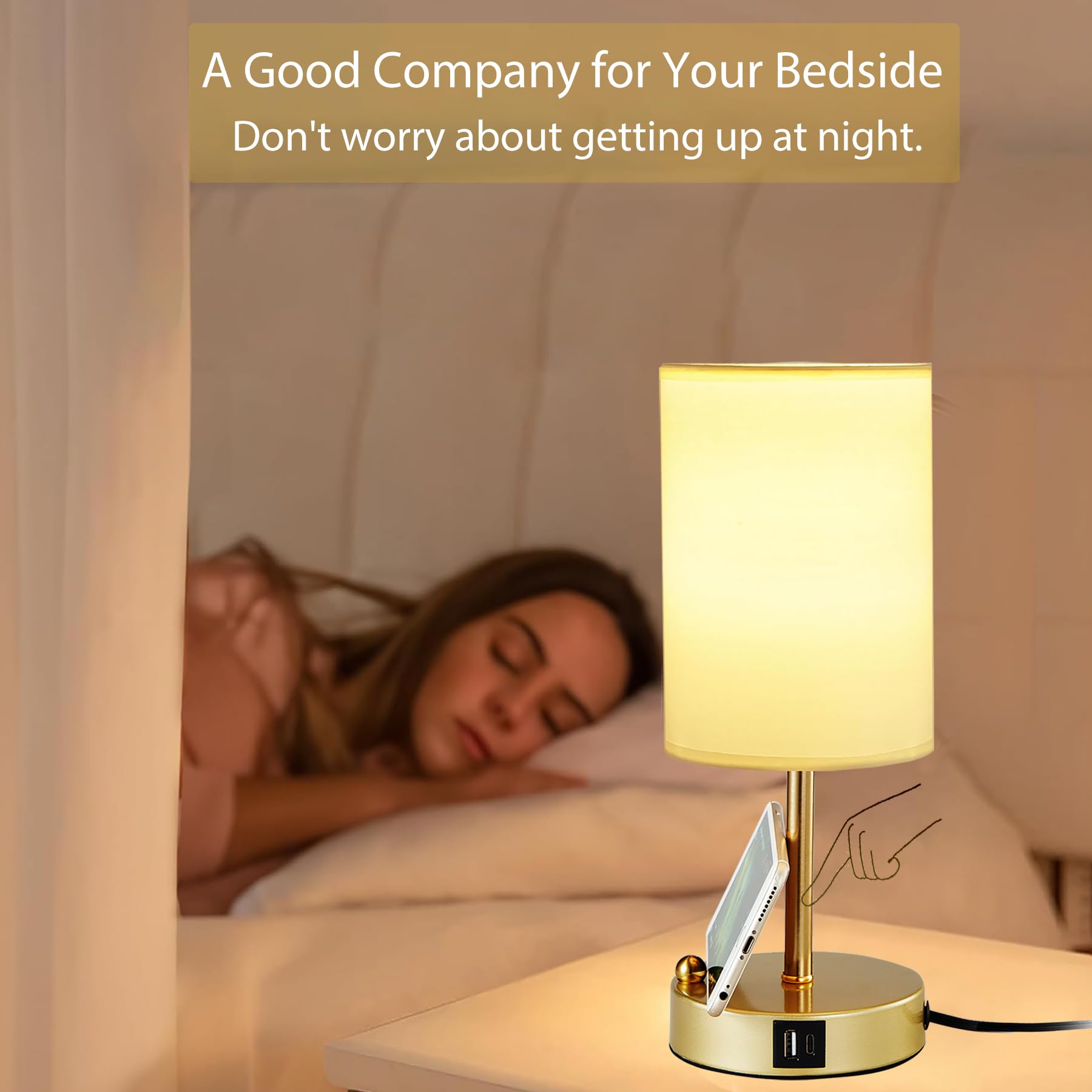 Briever Touch Control Table Lamp - 3-Way Dimmable Bedside Lamp with USB Charging Ports, Gold Phone Stand & Round Linen Shade (Bulb Included) | Perfect for Bedroom Nightstand, Home Office Desk & Reading Nook Lighting