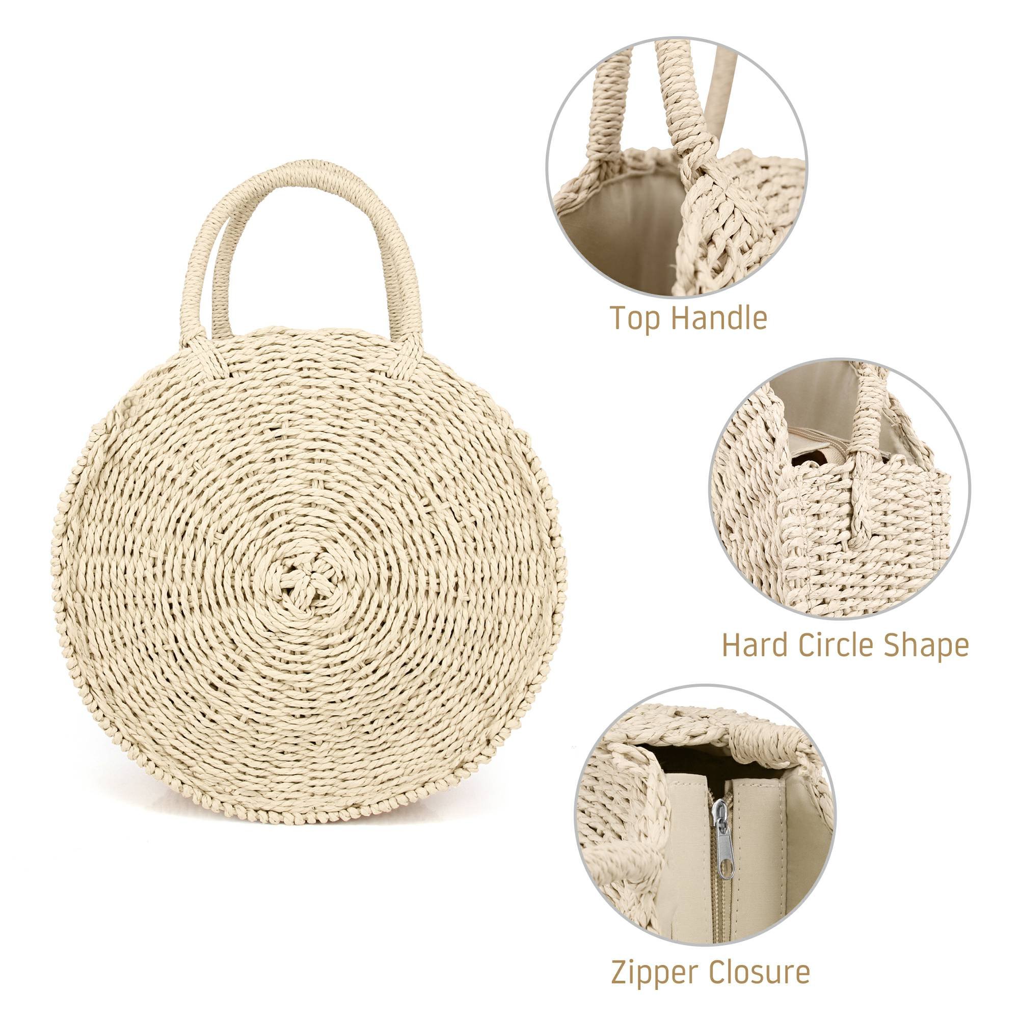 Women's Straw Beach Bag - Handwoven Round Rattan Crossbody Shoulder Bag for Summer Vacation, Pool Party & Boho Fashion Accessory