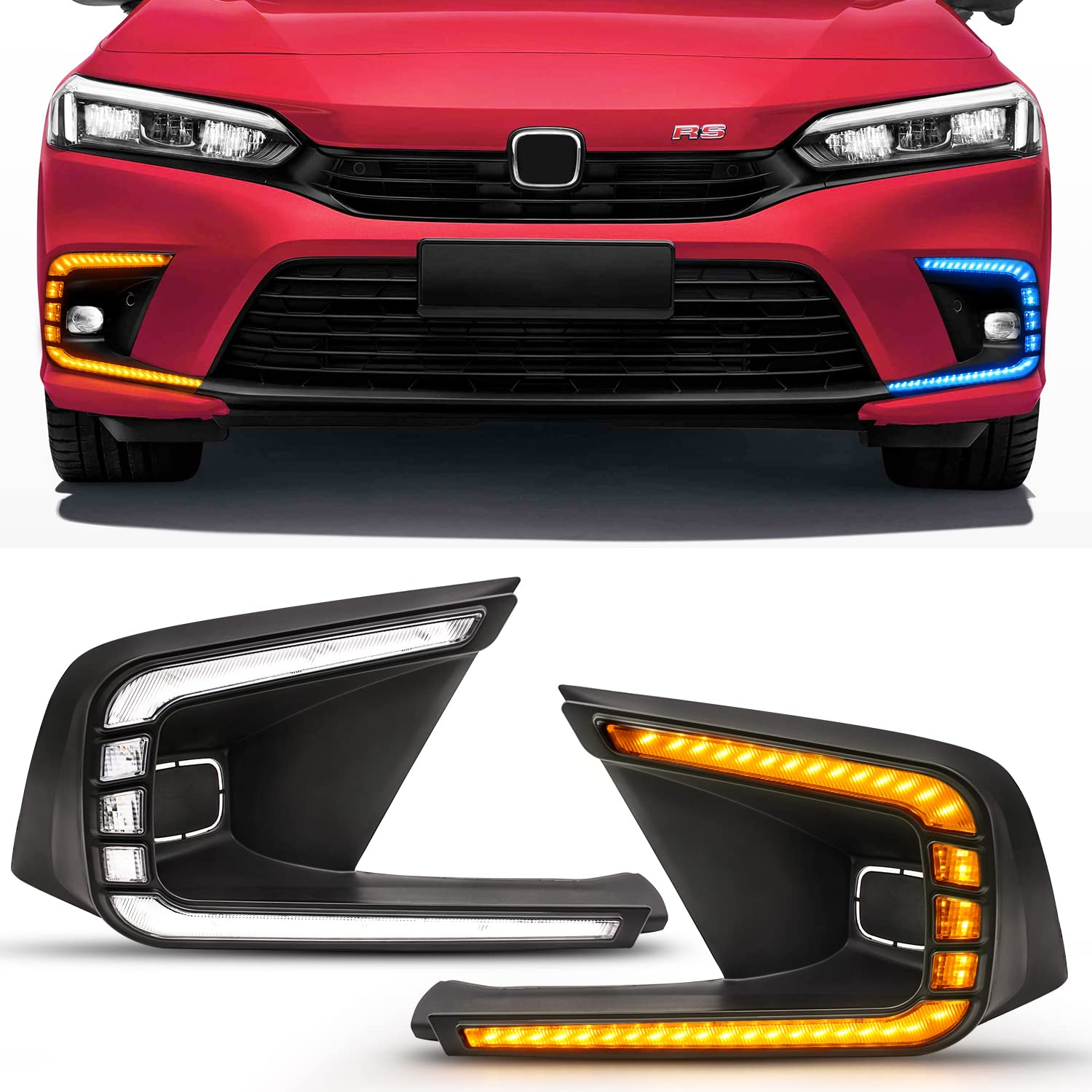 COMZY LED Fog Lights DRL for 2022 Honda Civic 11th Gen - 3 Color Front Fog Lamps Kit with Daytime Running & Turn Signal Lights - Car Styling Spot Light (1 Pair) - Perfect for Night Driving & Car Customization