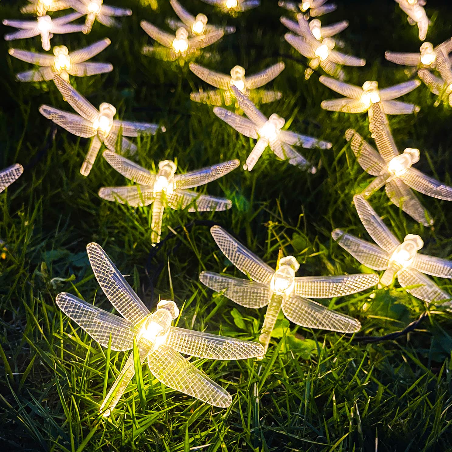 30LED Solar Dragonfly String Lights - 21ft Waterproof Outdoor Fairy Lights with 8 Lighting Modes | Warm White Garden Stake Lights for Patio, Fence, Trees & Christmas Decor | Perfect for Backyard, Wedding, Party & Landscape Lighting