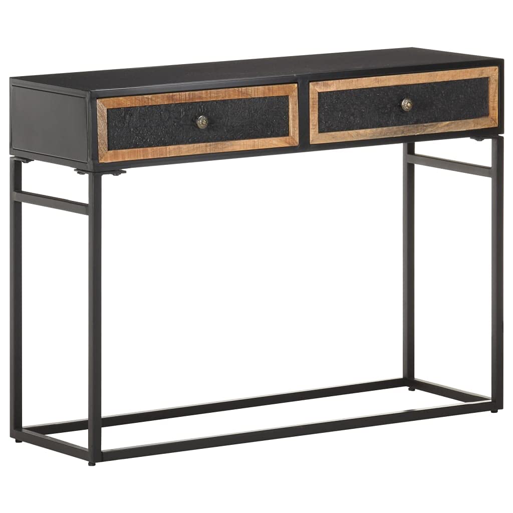 Distressed Mango Wood Industrial Console Table with Black Steel Frame & 2 Hand-Carved Drawers - Rustic Entryway Sofa Table for Living Room, Hallway & Farmhouse Decor