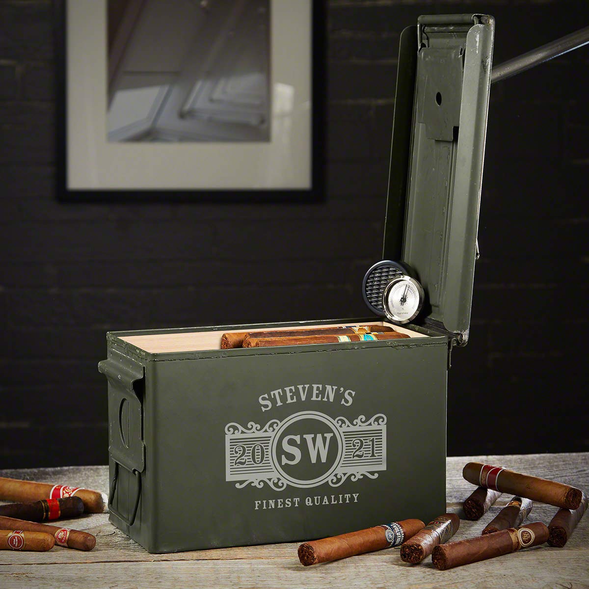 50 Cal Ammo Can Humidor - Custom Marquee Design for Cigars | Perfect for Home, Office, or Man Cave Storage