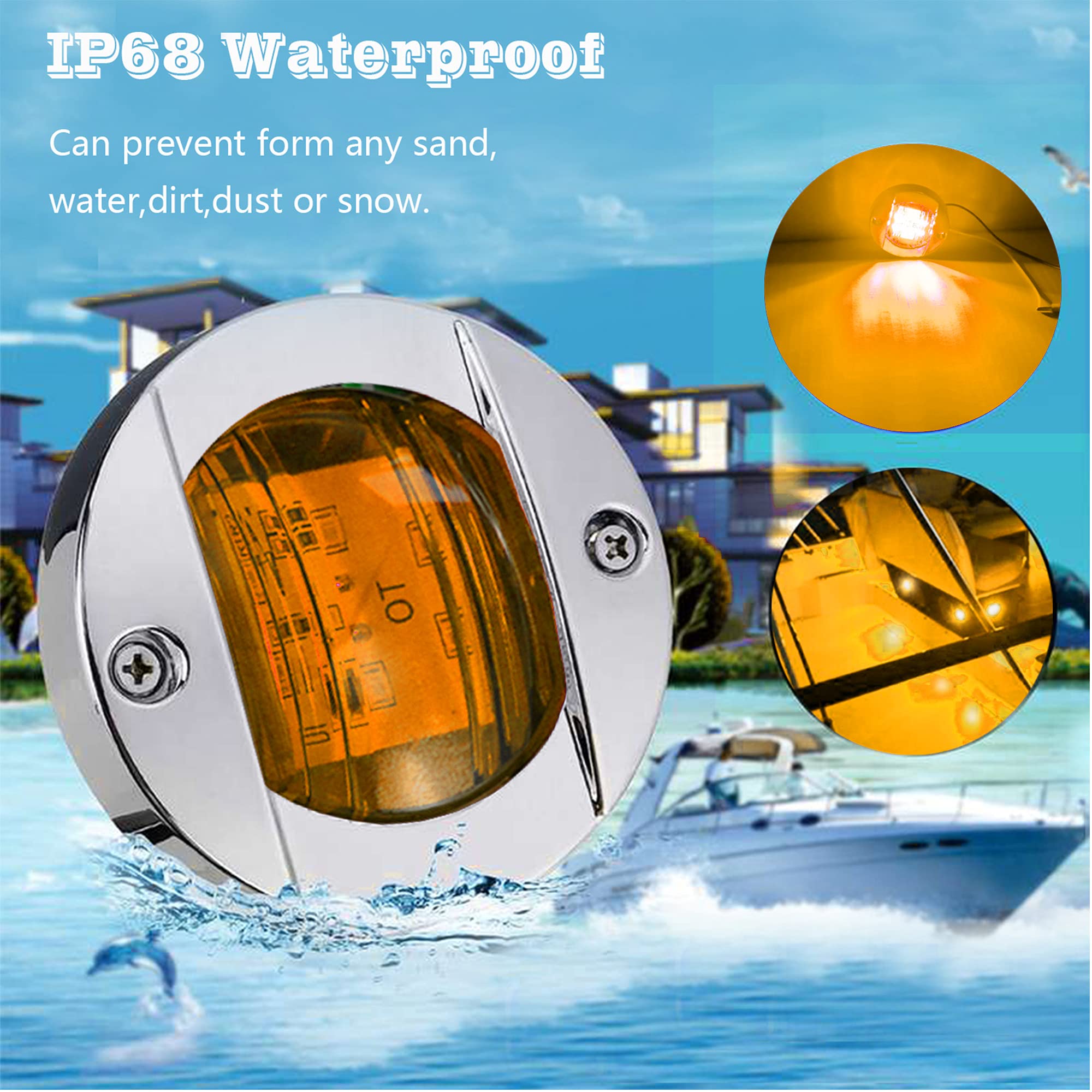 2PC 12V Waterproof LED Boat Navigation Lights - 3in Amber Round Marine Deck & Transom Mount Lights for Boats, Yachts, Kayaks - Perfect for Night Cruising, Fishing & Water Safety