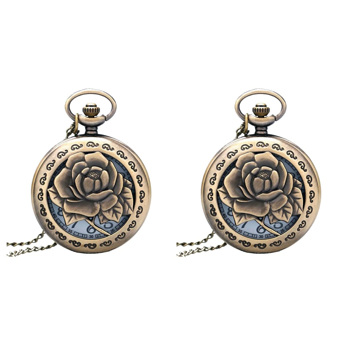 Vintage Rose Pattern Quartz Pocket Watch with Arabic Numerals - Classic Antique Style for Men & Women - Perfect for Weddings, Gifts, and Collectors (2-Piece Set)