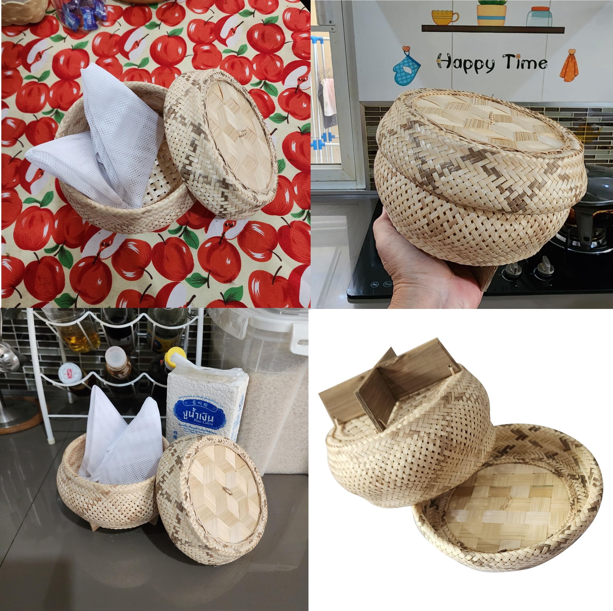 Premium Bamboo Sticky Rice Steamer with Lid - Traditional Thai Wicker Basket for Cooking Sticky Rice, Sushi, Dumplings - 2-Piece Set with Free Cloth - Perfect for Asian Cuisine, Home Kitchen & Professional Use