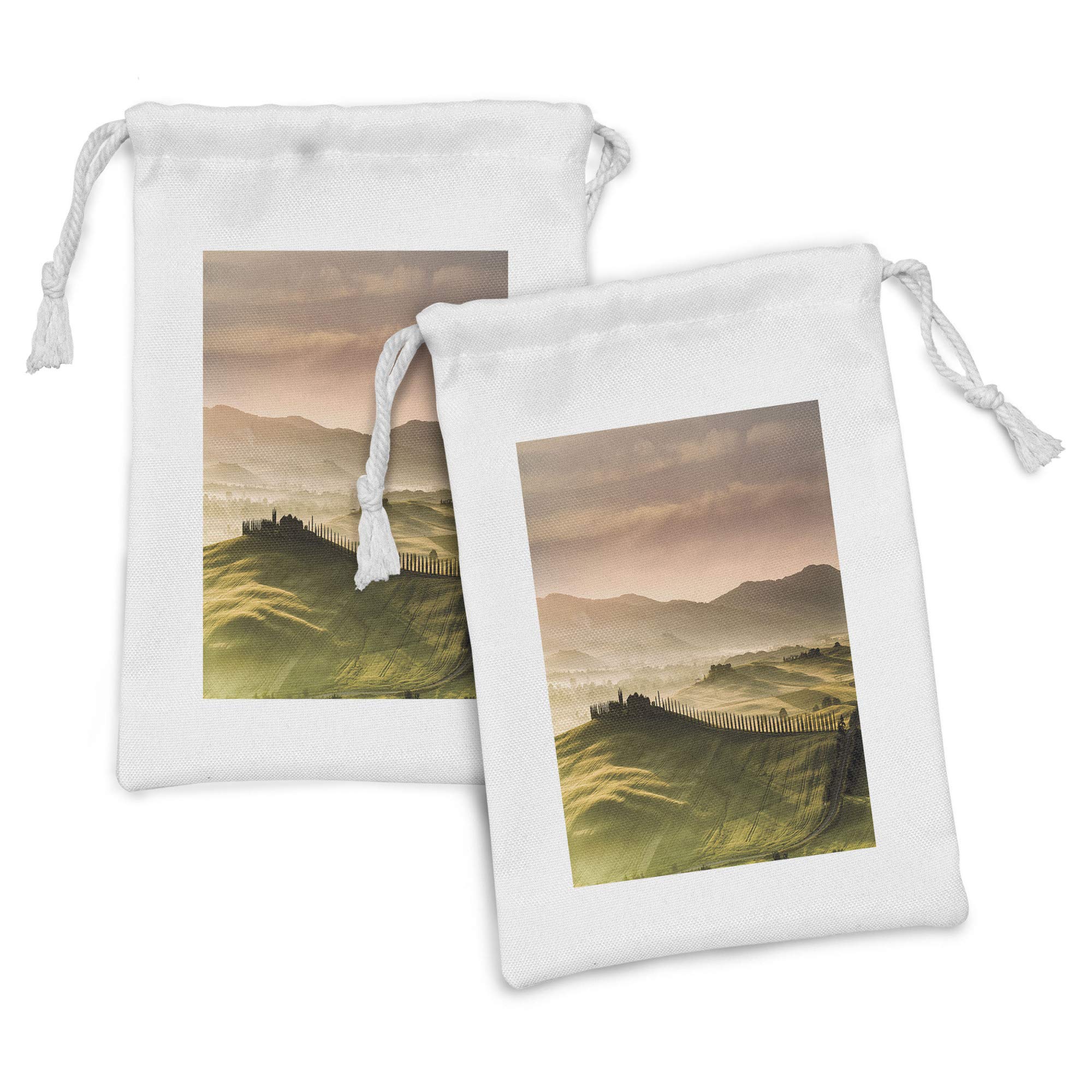Ambesonne Italian Fabric Pouch Set of 2 - Countryside Landscape Drawstring Bags for Toiletries, Travel Essentials & Party Favors | 9