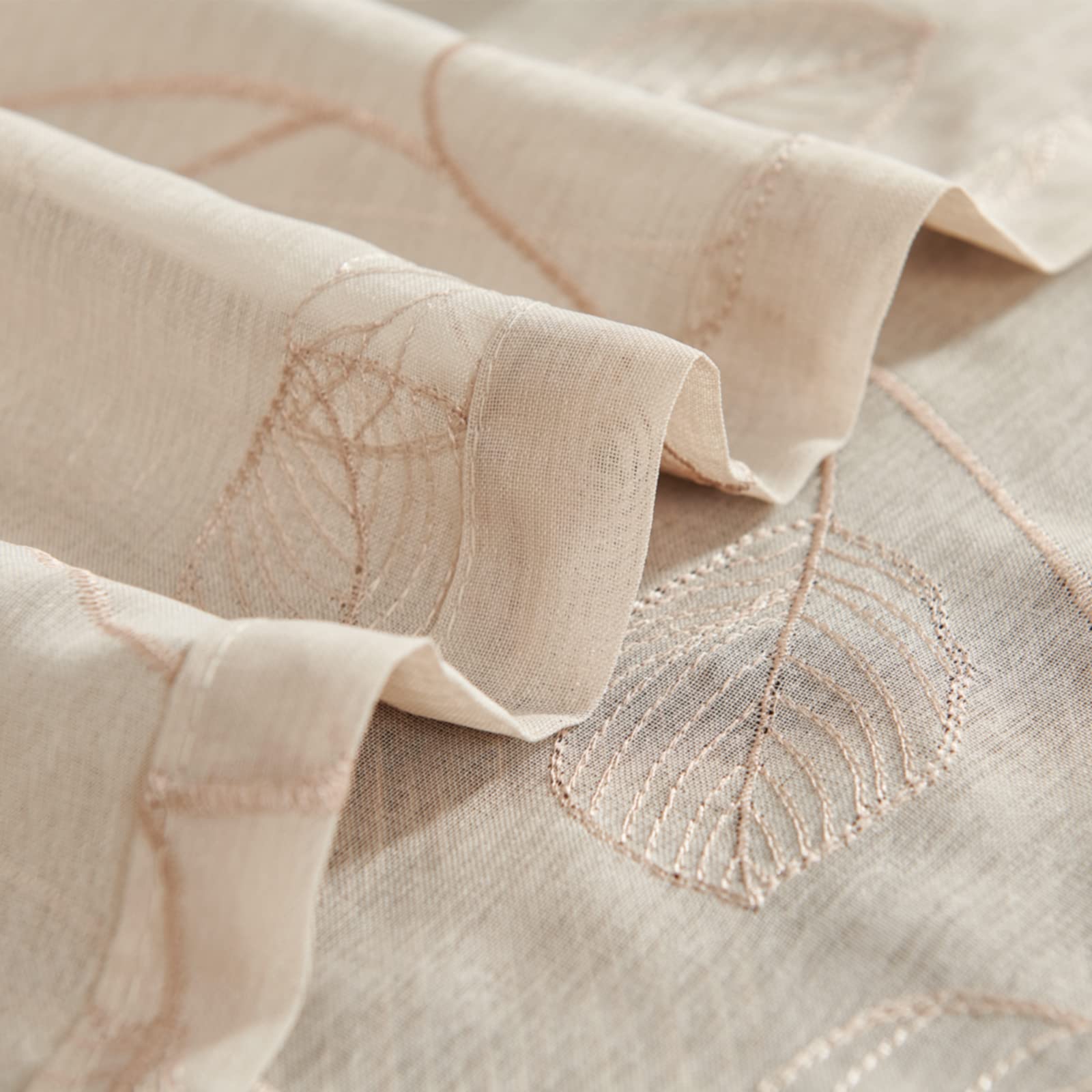 Beige Sheer Kitchen Curtains with Leaf Embroidery - Voile Tiered Window Panels for RV, Camper, Farmhouse, Bathroom & Basement - 36 Inch Rod Pocket, 2 Panels - Perfect for Small Windows, French Doors & Cozy Home Decor