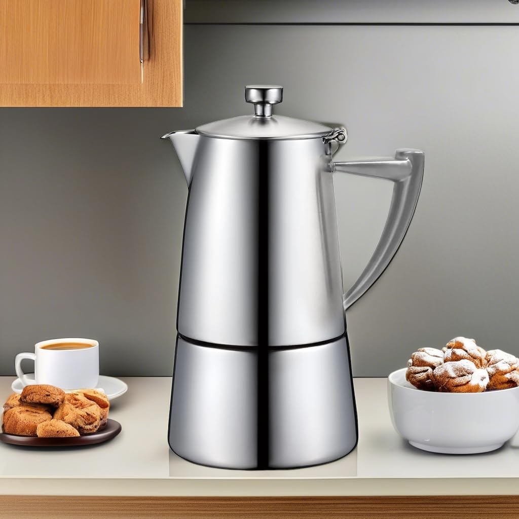 CUISINOX Roma Satin Stainless Steel Moka Pot Stovetop Espresso Maker - 6 Cup Italian Coffee Maker for Home & Office - Perfect for Espresso, Latte & Cappuccino Lovers