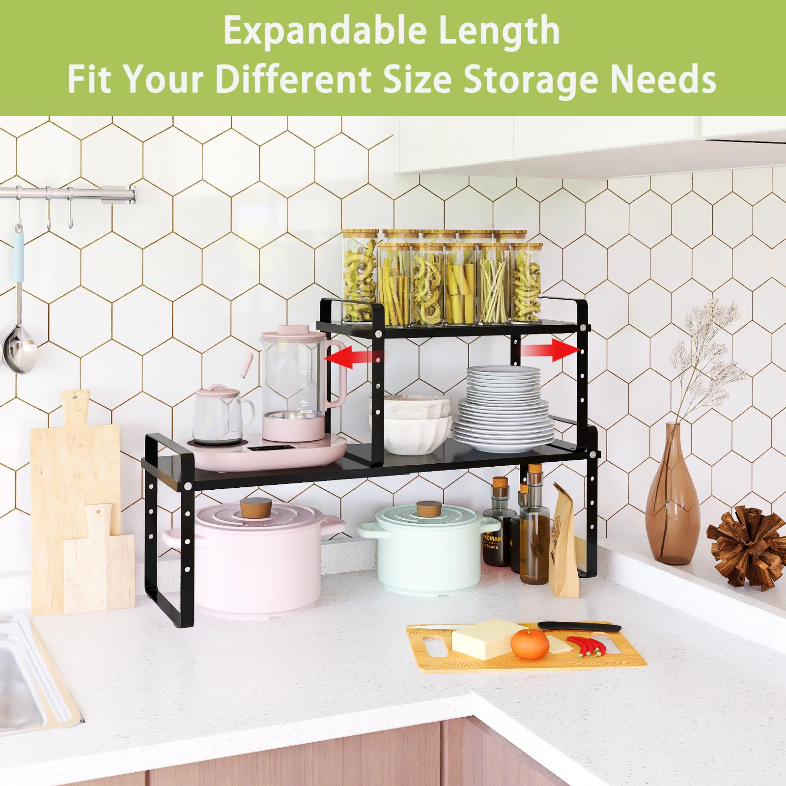 Expandable Cabinet Shelf Organizer Rack - Stackable Kitchen Countertop Storage Shelf - Adjustable Height Pantry Organizer & Spice Rack (Black, 2 Pack) - Perfect for Small Spaces, Kitchen Countertops, Pantry Shelving & Bathroom Organization