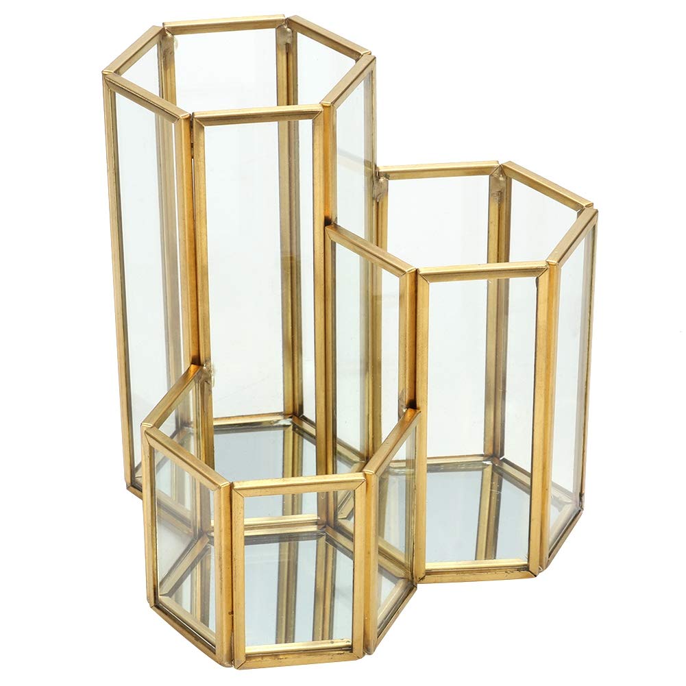 4.72in Clear Glass Pen Holder with 3 Compartments - Copper Plated Metal Inlay Pencil Organizer & Makeup Brush Holder - Vanity Desk Organizer for Storing Makeup Brushes, Pens, Mascara, Lipstick (Gold) - Perfect for Office, Home Desk & Beauty Vanity Organization
