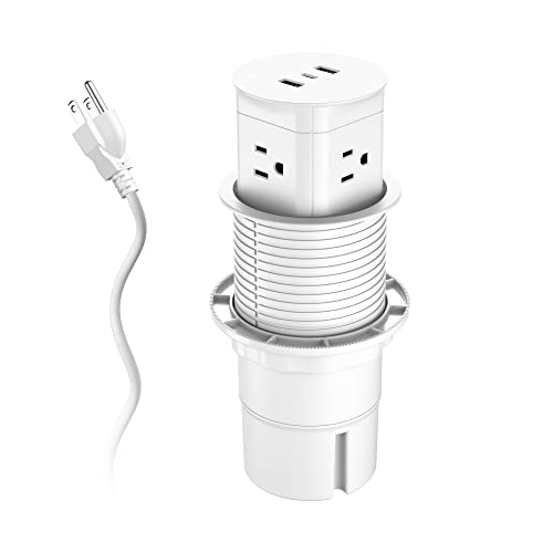 Automatic Pop-Up Outlet for Kitchen Counter & Island - 4 AC Outlets + 3 USB Ports (Including USB-C) - Water-Resistant Round Power Hub (3.15