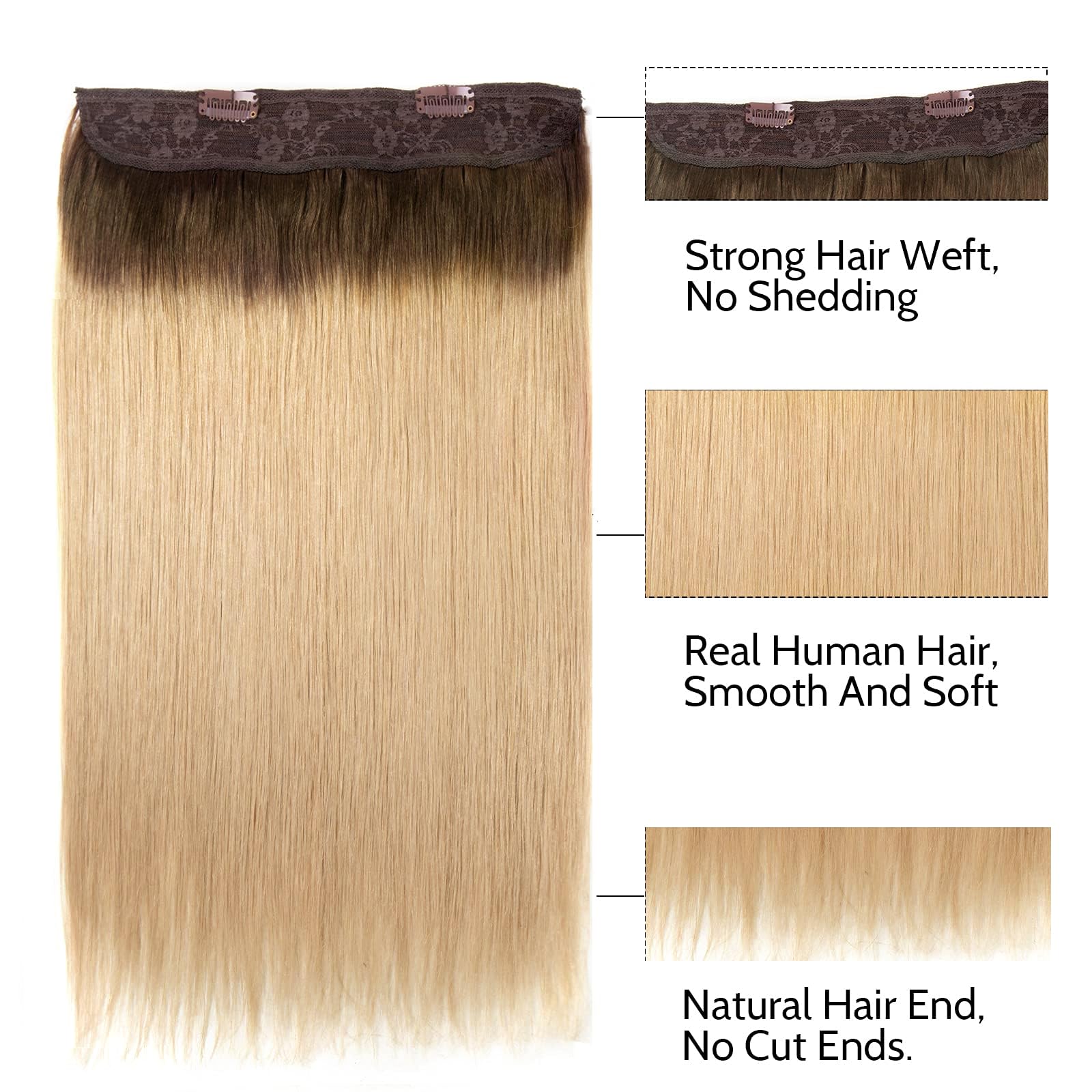 Tinashe 16-Inch Real Human Hair Straight Extensions - 90g Chocolate Brown to Caramel Blonde Ombre Invisible Wire Fish Line Clip-Ins for Volume & Length | Perfect for Daily Styling, Parties & Special Occasions