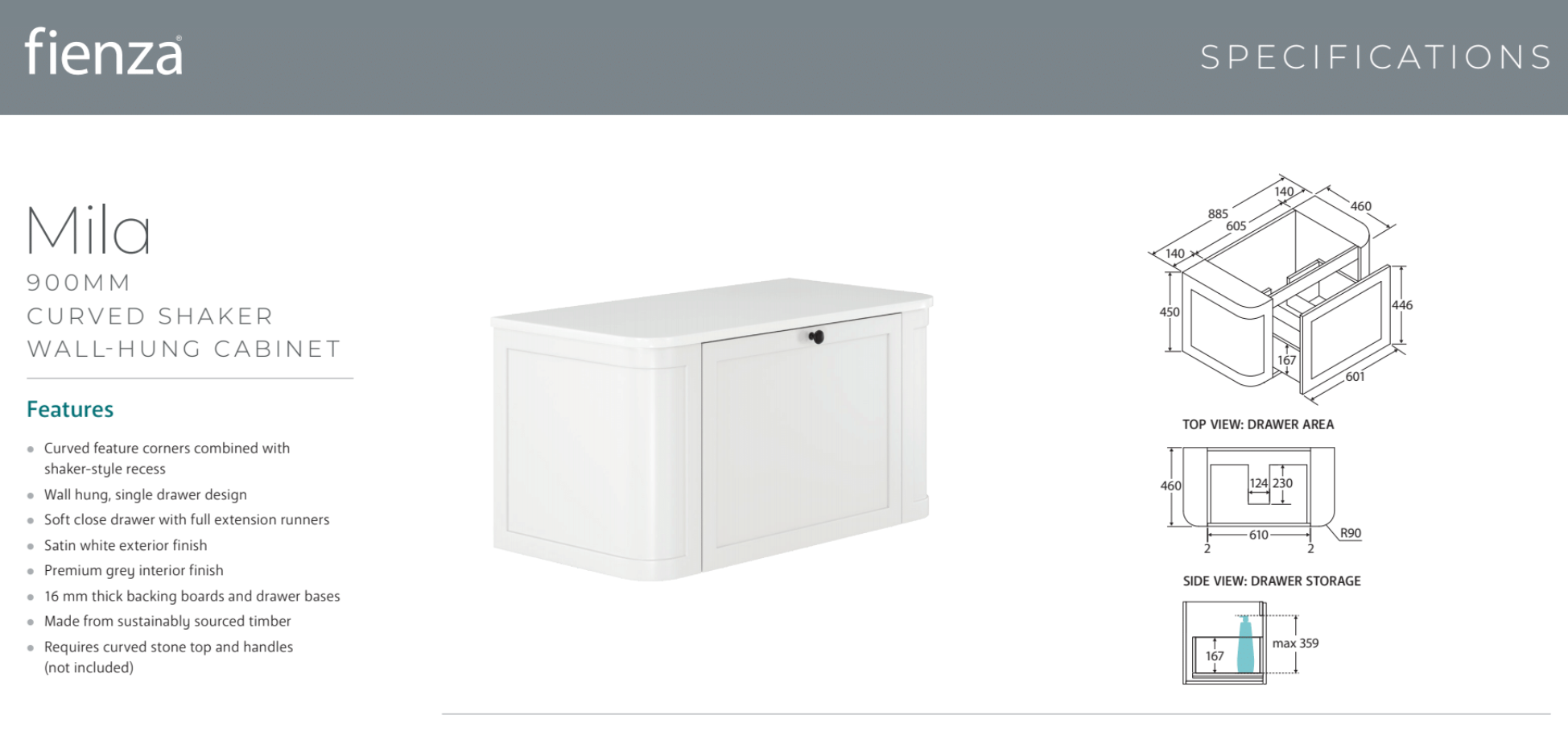 Fienza 90CM Mila Curved Satin White 900 Wall Hung Bathroom Vanity Cabinet - Perfect for Modern Bathroom Storage & Organization