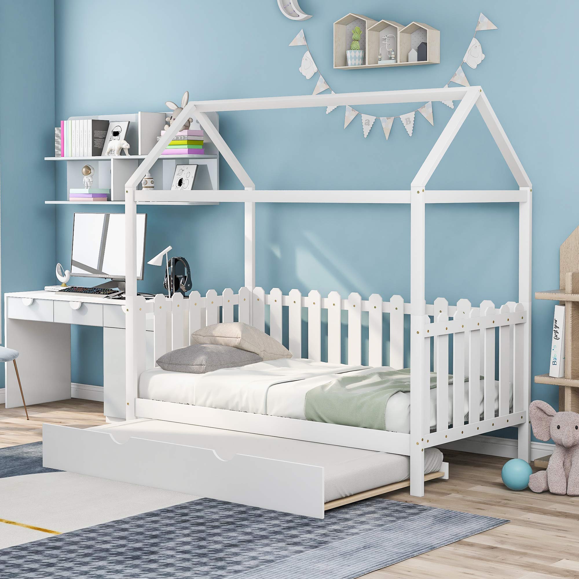 **Twin Size Wooden House Bed Frame with Trundle - Roof & Fence Guardrail Design, No Box Spring Needed - Perfect for Kids' Bedroom, Playroom, or Cozy Reading Nook**