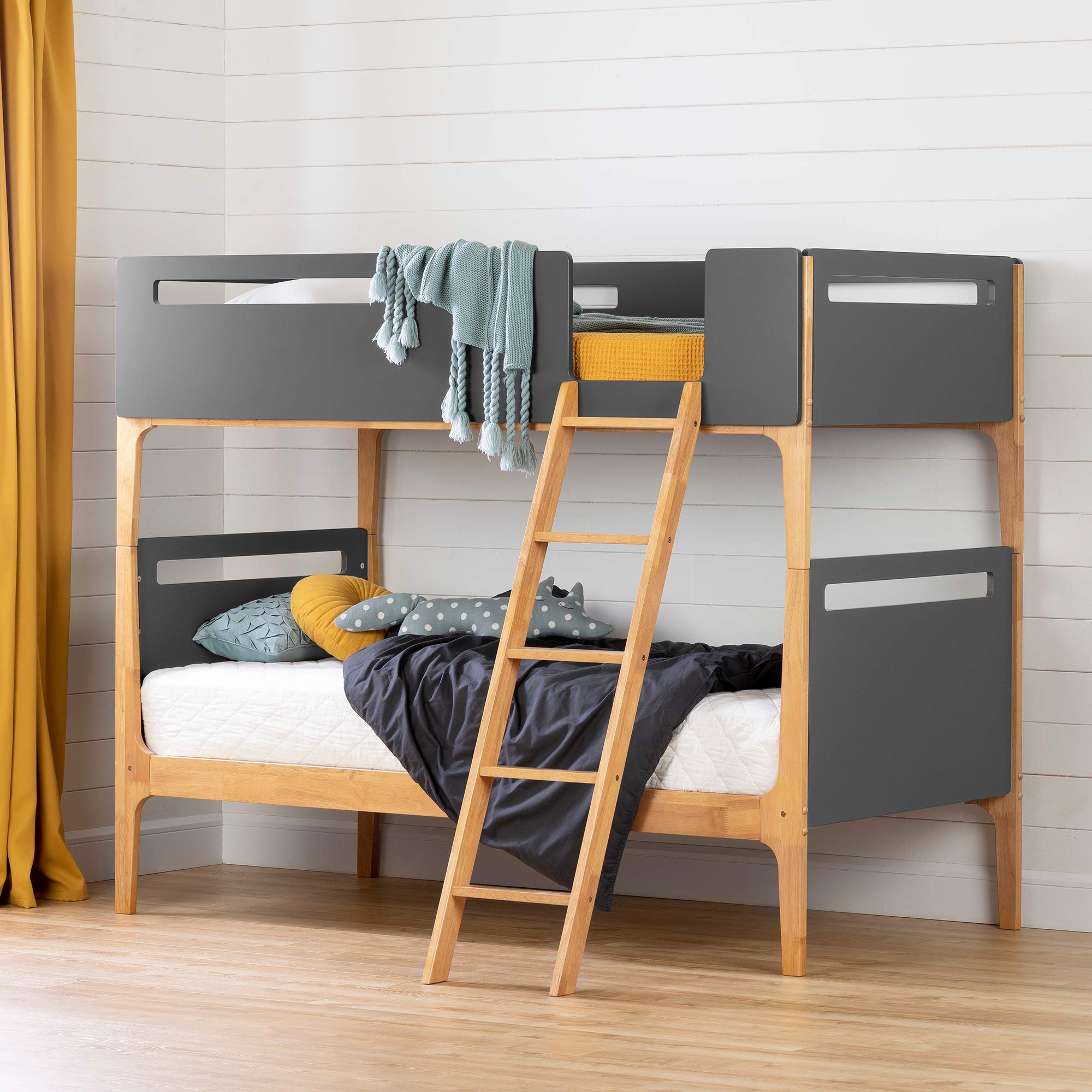 South Shore Bebble Twin Bunk Bed with Ladder - Charcoal Gray & Exotic Wood Finish - Space-Saving Kids Bedroom Furniture for Siblings or Sleepovers