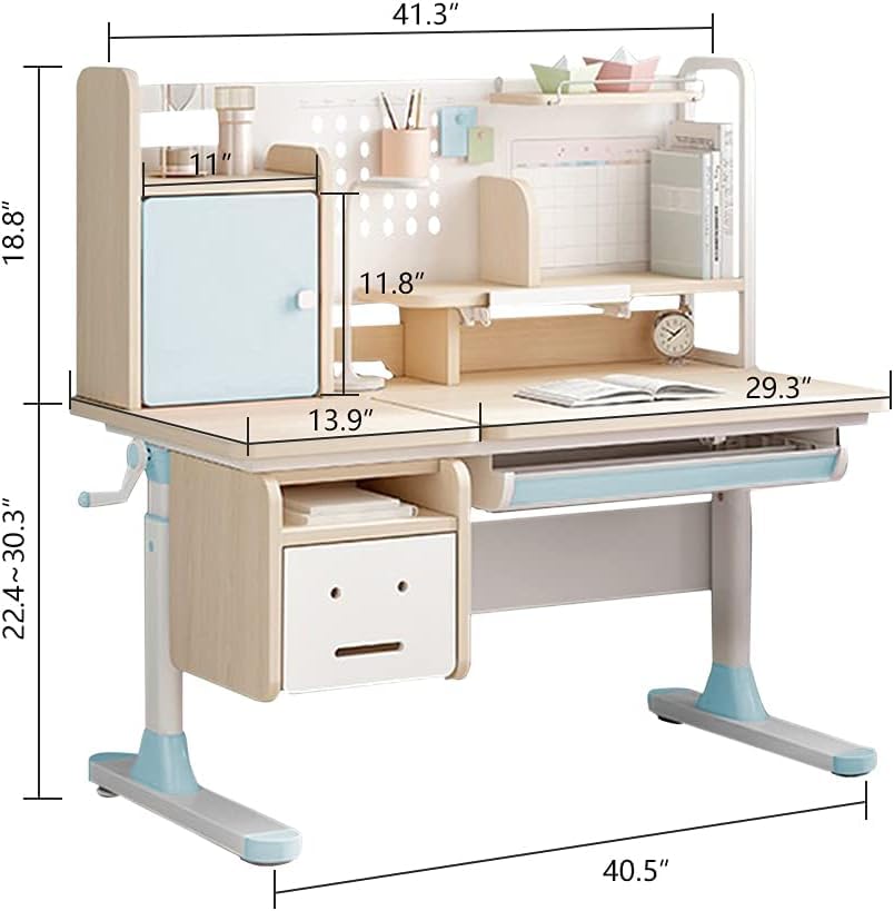 FCD Kids Desk - Adjustable Wooden Study Desk with Tilt Top, Tablet Holder & Storage | Ergonomic Student Desk for Home, School & Office | Blue Multi-Functional Workstation with Bookshelf & Drawers