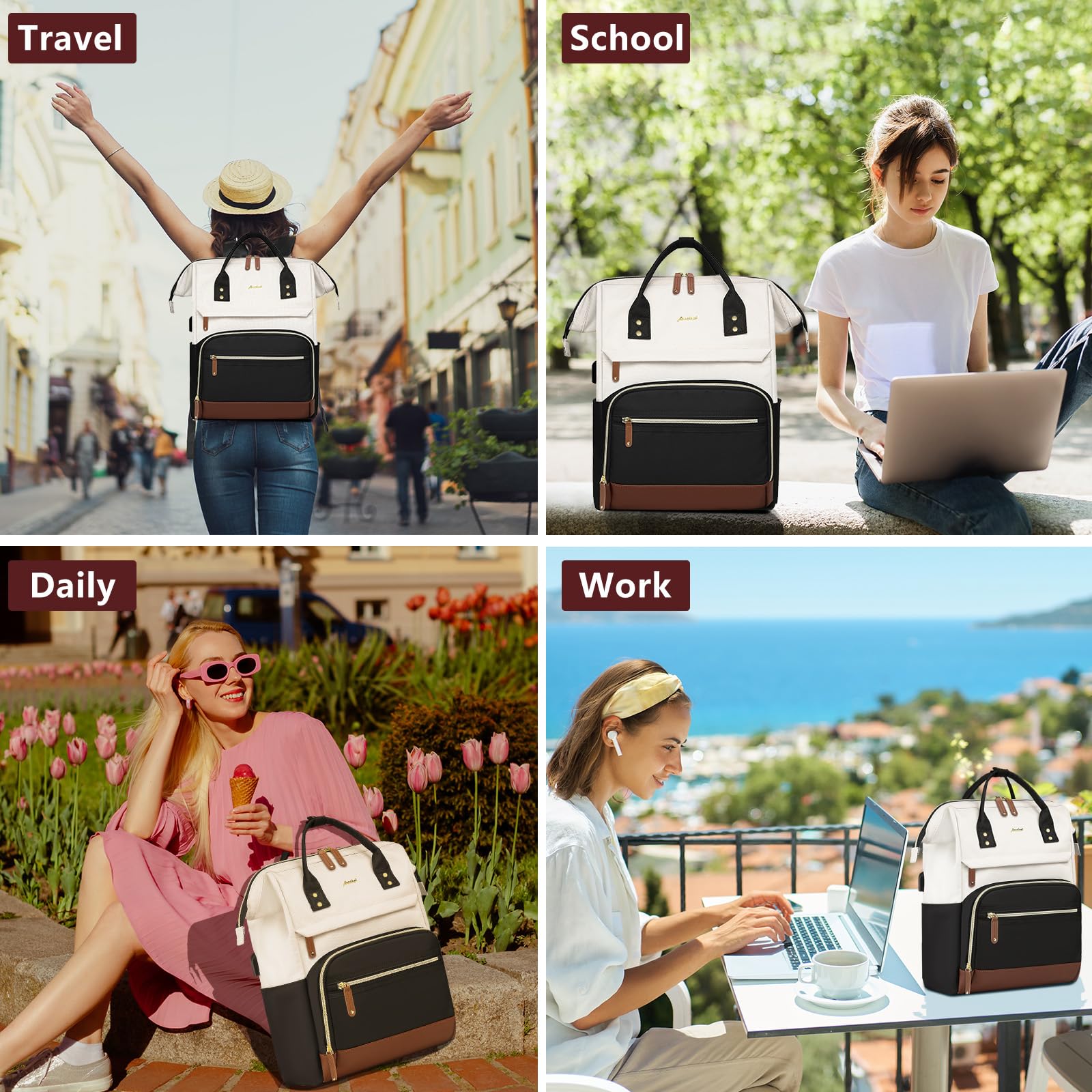 Stylish Women's Waterproof Laptop Backpack - Fits 15.6 Inch Notebook, Durable Travel & Work Bag for Business Professionals & College Students (Beige/Black/Brown) - Perfect for Commuting, Business Trips & Campus Life