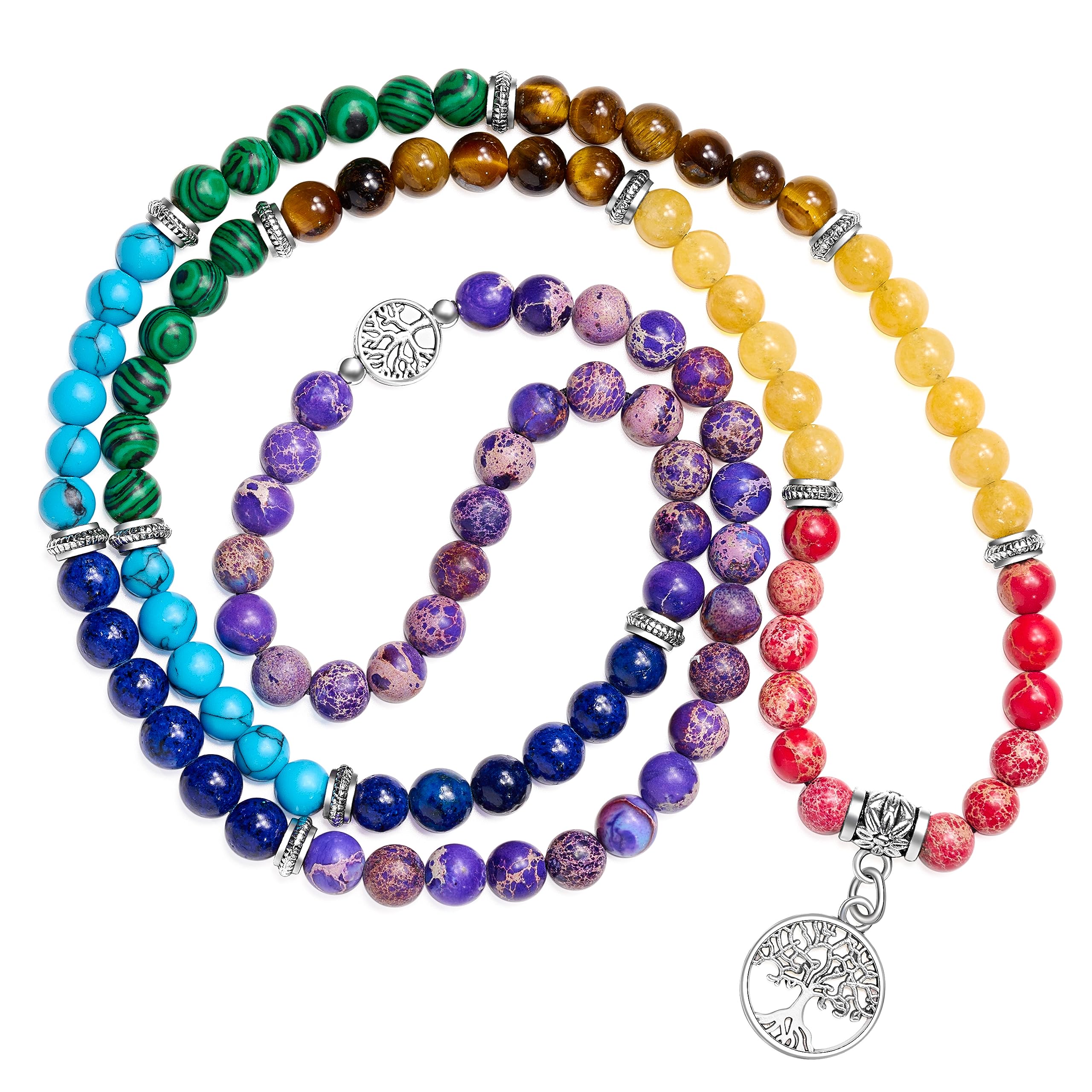 Bivei 108 Mala Beads Necklace - Genuine Gemstone Yoga Meditation Prayer Beads with Lotus Buddha Charm - Long Beaded Wrap Bracelet for Women - Perfect for Yoga, Meditation, Spiritual Healing & Mindful Living