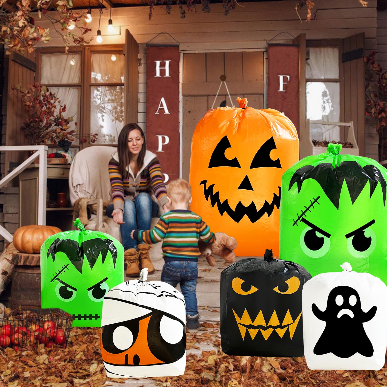 6-Piece Halloween Pumpkin Leaf Bags Set - 5 Spooky Designs for Outdoor Decor (2 Large 48x36