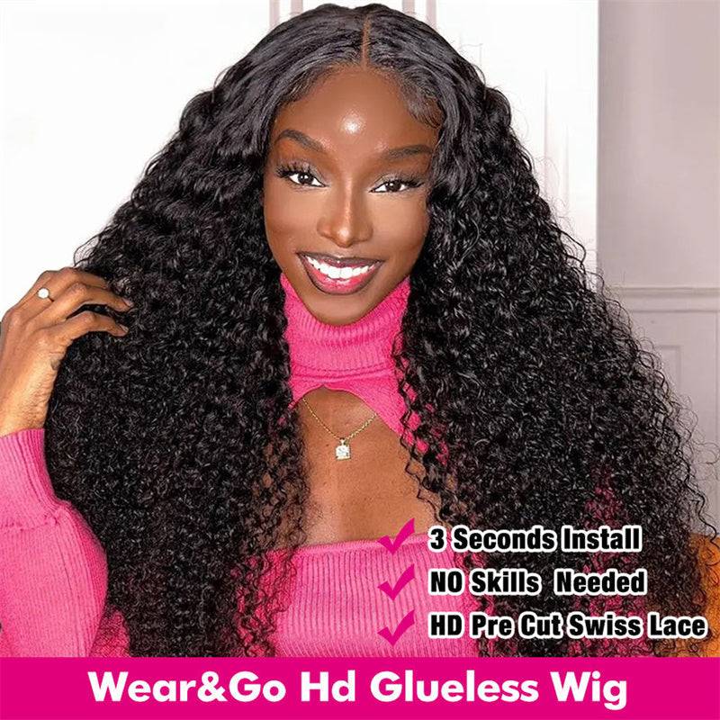 Eullair Kinky Curly Human Hair Wig - Glueless 6x4 & 5x5 Lace Front Wig with Pre-Cut Lace | Beginner Friendly | 30s Quick Install | Natural Black | Perfect for Daily Wear, Cosplay & Special Occasions