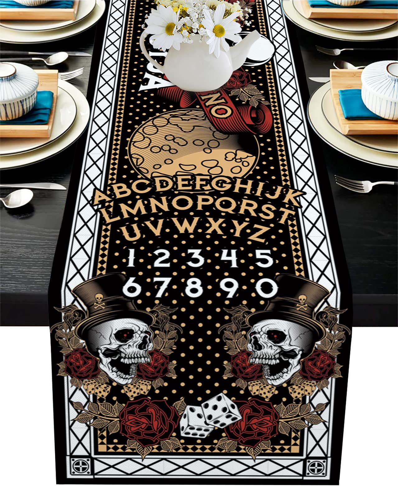 120 Inch Halloween Ouija Board Table Runner - Washable & Durable for Round, Kitchen, Coffee, Dining & End Tables - Perfect for Spooky Decor, Parties & Living Room Use