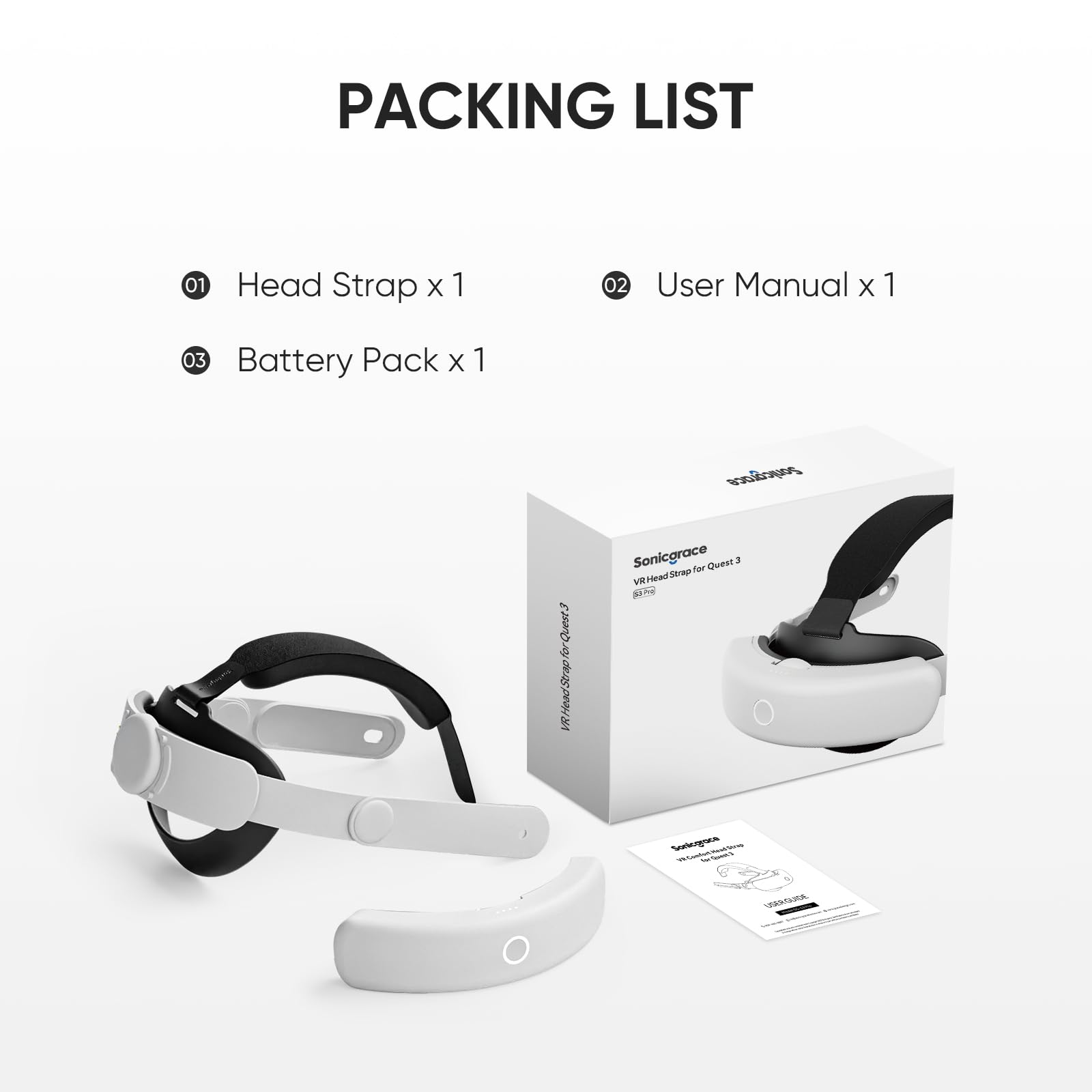 Sonicgrace S3 Pro Battery Head Strap for Meta Quest 3 & Quest 3S - 20W Fast Charging Magnetic Battery Pack - Comfortable VR Headset Replacement Accessories for Extended Gaming & Immersive VR Experiences
