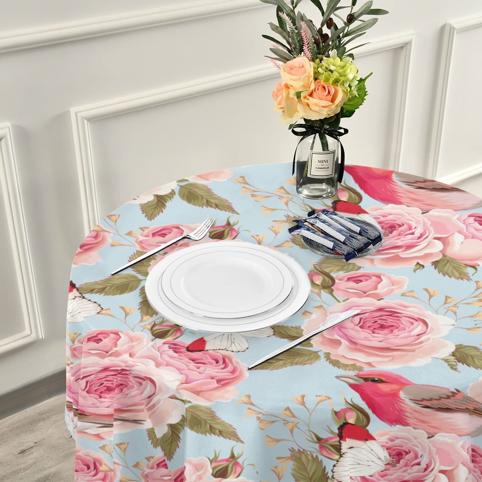60 Inch Round Floral Tablecloth - Washable Polyester Spring Rose & Bird Design, Teal Circular Table Cover for Kitchen, Dining, Party & Picnic Decor | Perfect for Outdoor Gatherings and Seasonal Home Decoration