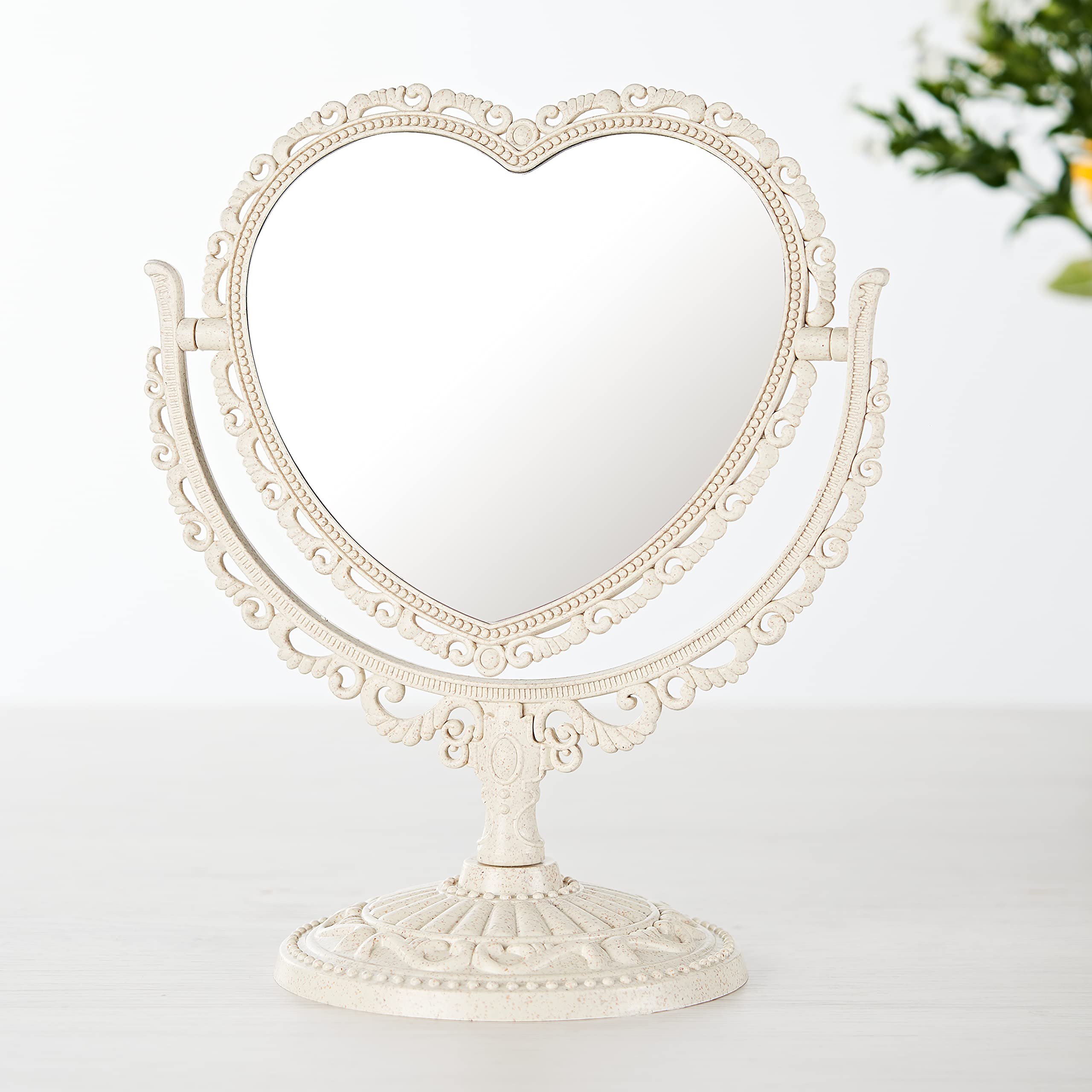 RECEESOON White Heart Mirror Double Sided - Vintage Vanity Makeup Mirror for Desk, Tabletop Mount Aesthetic Heart Shaped Mirror - Perfect for Bedroom, Bathroom & Dressing Room Decor