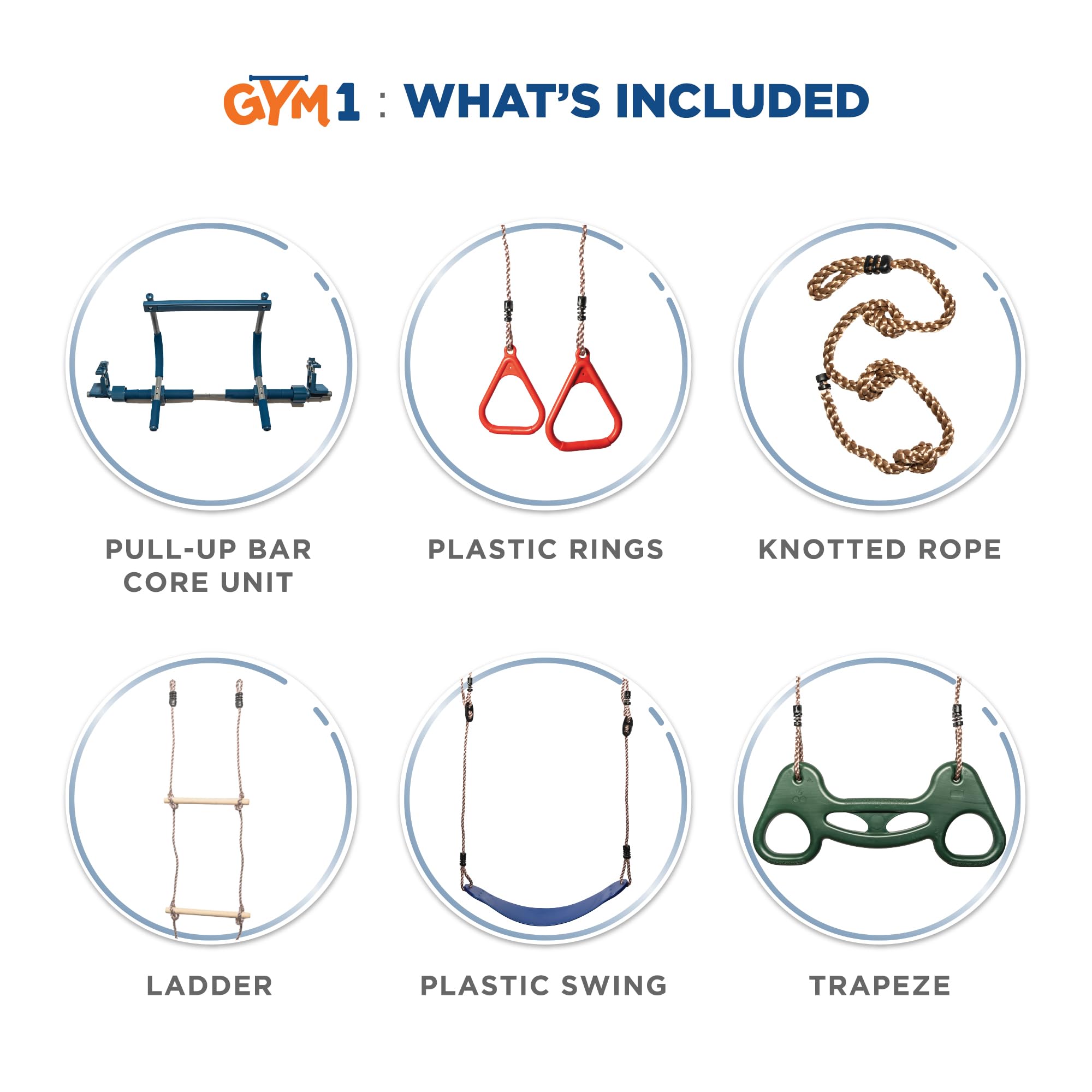 Gym1 6-Piece Doorway Gym Set for Kids & Adults - Indoor Pull-Up Bar, Sensory Swing, Rings, Trapeze, Ladder & Knotted Rope - 300 lbs Capacity - Perfect for Home Workouts, Kids Playroom & Sensory Therapy