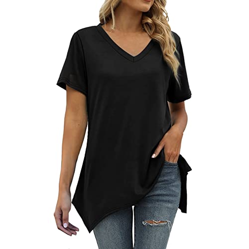 Women's Gradient Color Casual V-Neck Short Sleeve Loose Blouse - Summer T-Shirt for Everyday Wear | Black (Size XL) | Perfect for Beach Outings, Weekend Brunch & Summer Vacations