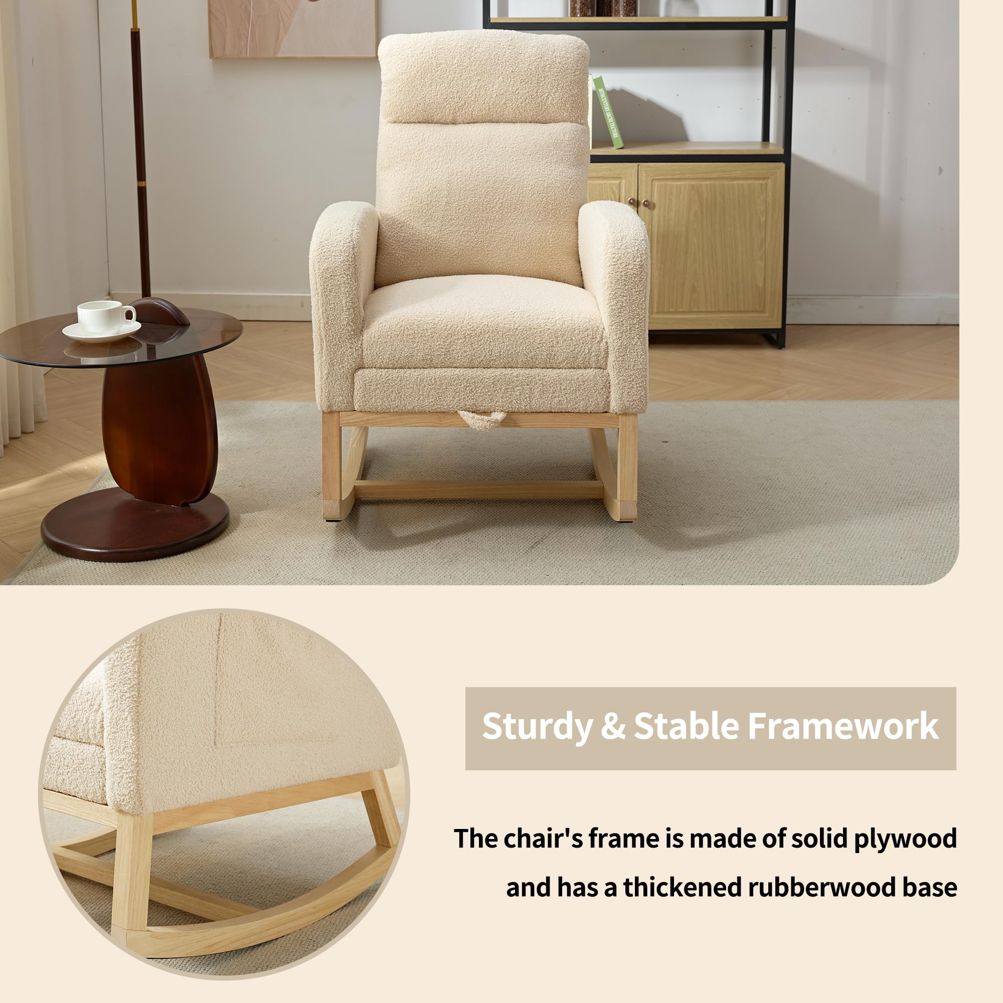 Teddy Upholstered Nursery Rocking Chair with Footrest - Solid Wood Glider Rocker with Side Pockets - Comfortable Armchair for Baby Nursery, Living Room, Bedroom & Lounge (Beige) - Perfect for Breastfeeding, Reading & Relaxing