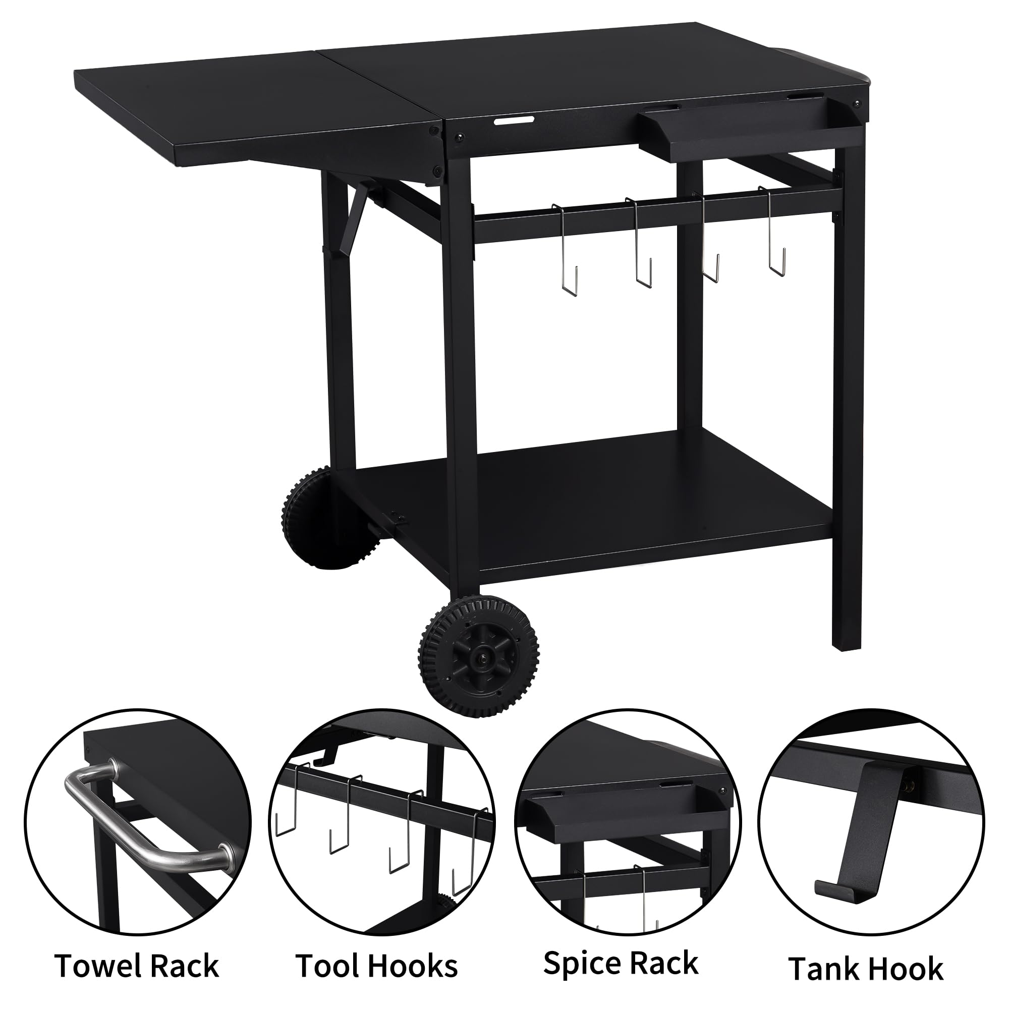 Premium Outdoor Grill Cart with Double Shelves - Foldable & Portable BBQ Table, Movable Food Prep Station, Pizza Oven Stand Trolley with 2 Wheels & Hooks - Perfect for Backyard BBQ, Camping, and Outdoor Kitchen Setup