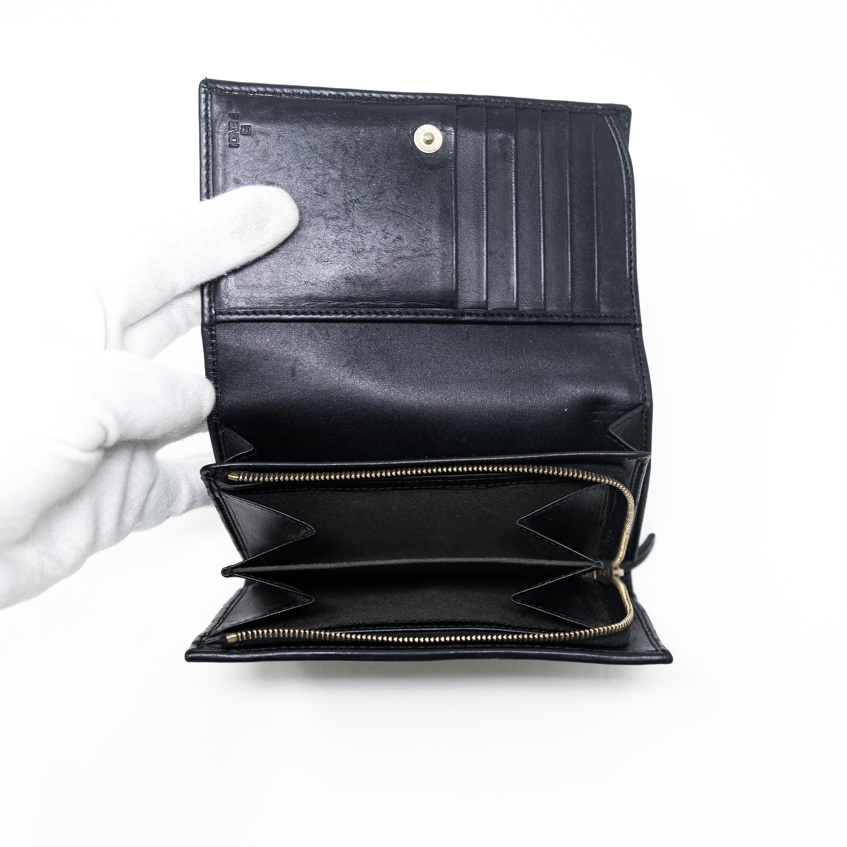 Fendi Black Zucchino Leather Wallet for Women - Luxury Designer Bifold Wallet with Coin Pocket - Perfect for Everyday Use, Travel & Gift Giving