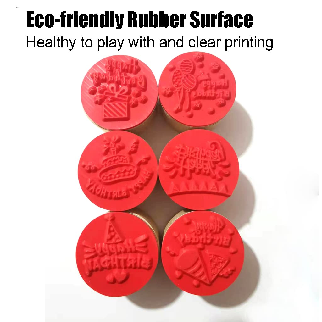 6-Piece Round Wooden Rubber Stamp Set for DIY Card Making, Scrapbooking & Crafts - Happy Birthday Pattern Stamps - Perfect for Greeting Cards, Invitations, and Handmade Gifts