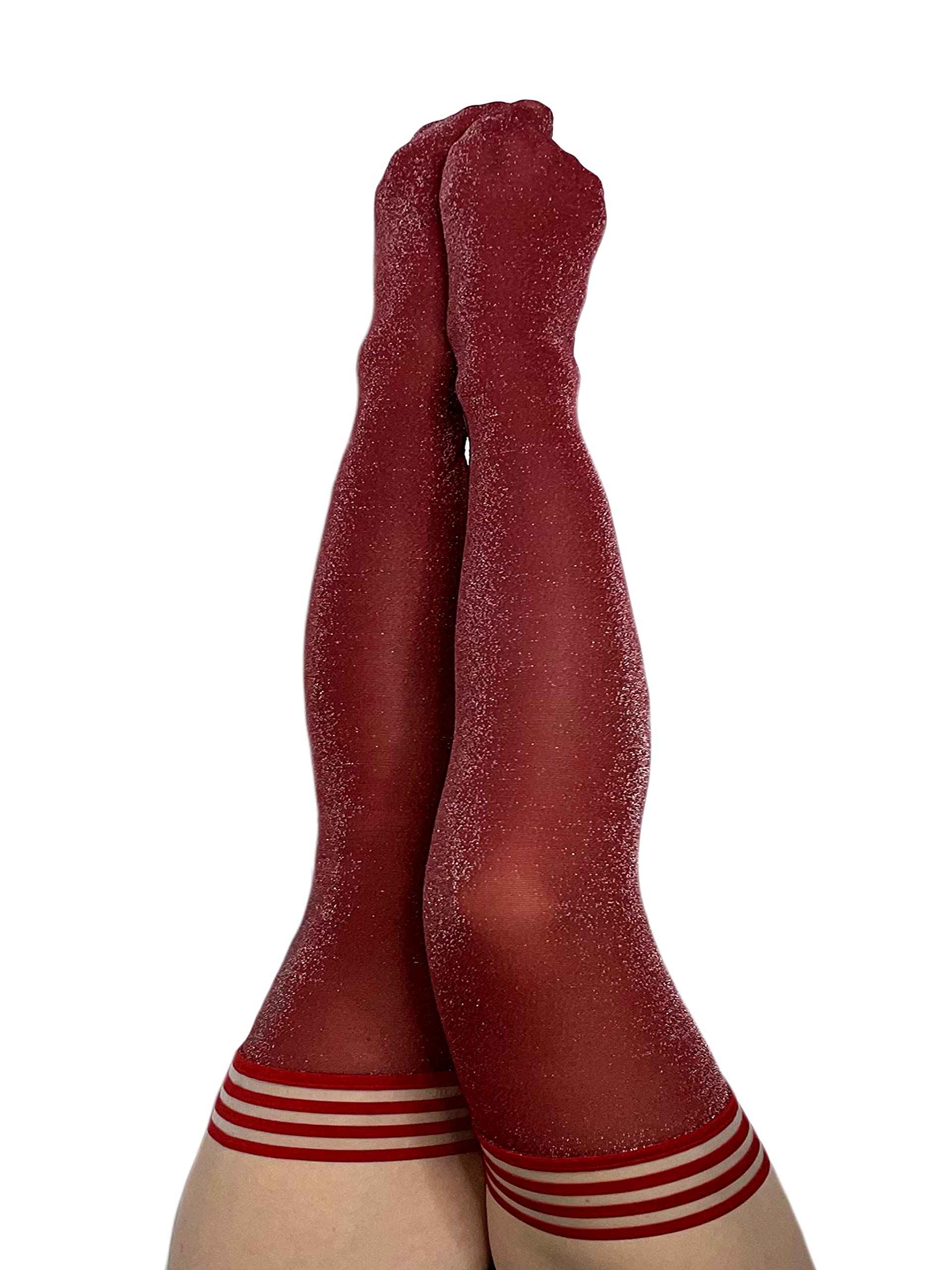 Kix'ies Thigh High Stockings for Women - No Slip Grip Stay Up Thigh Bands, Sexy Lingerie & Hosiery (Holly Cranberry Sparkle 1343C) - Perfect for Date Nights, Weddings & Special Occasions