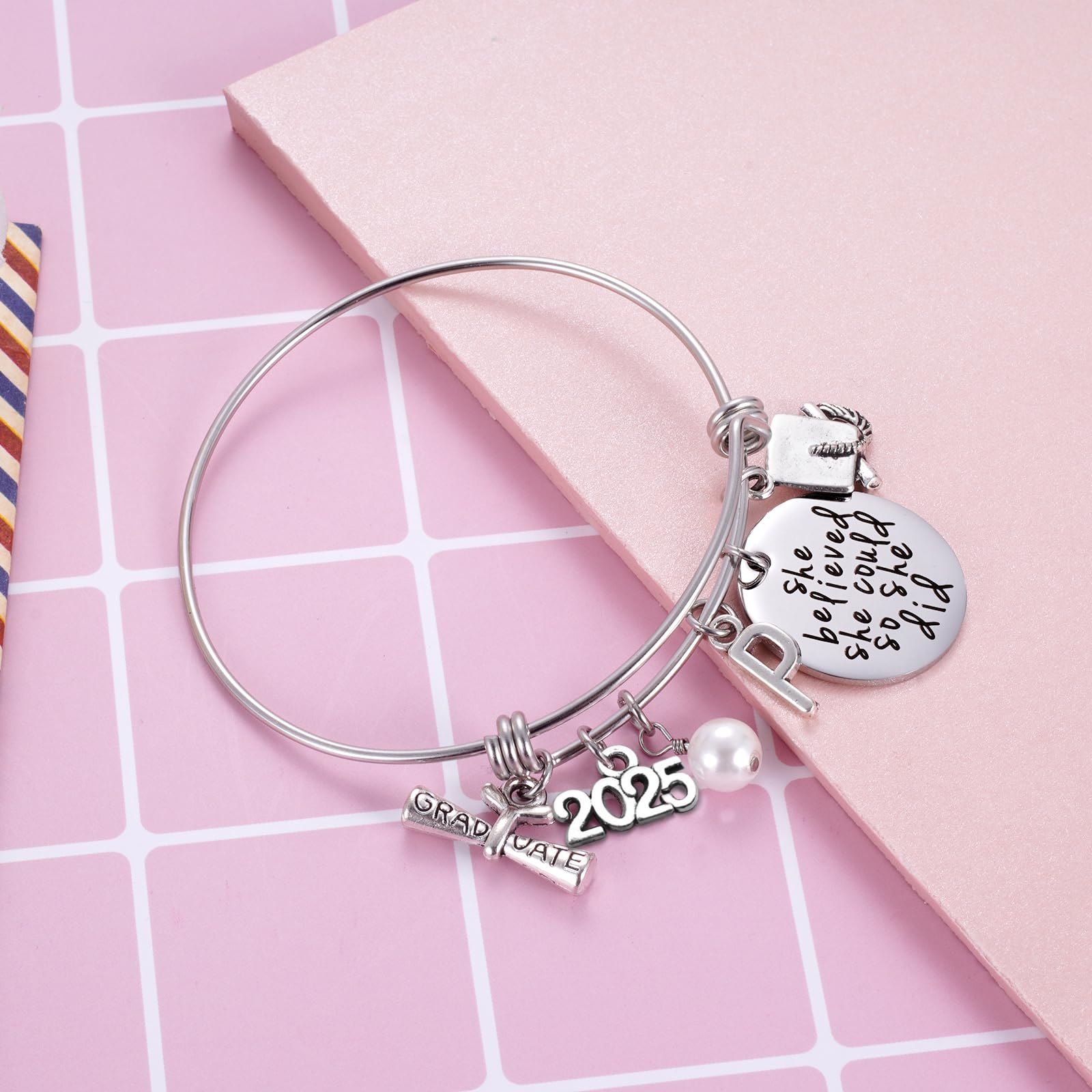 Ukodnus Class of 2025 Graduation Bracelet - Inspirational Senior Gift for High School & College Graduates - Personalized 26 Initial Charm Bracelet for Women - Perfect Graduation Party, Commencement & Achievement Celebration Gift