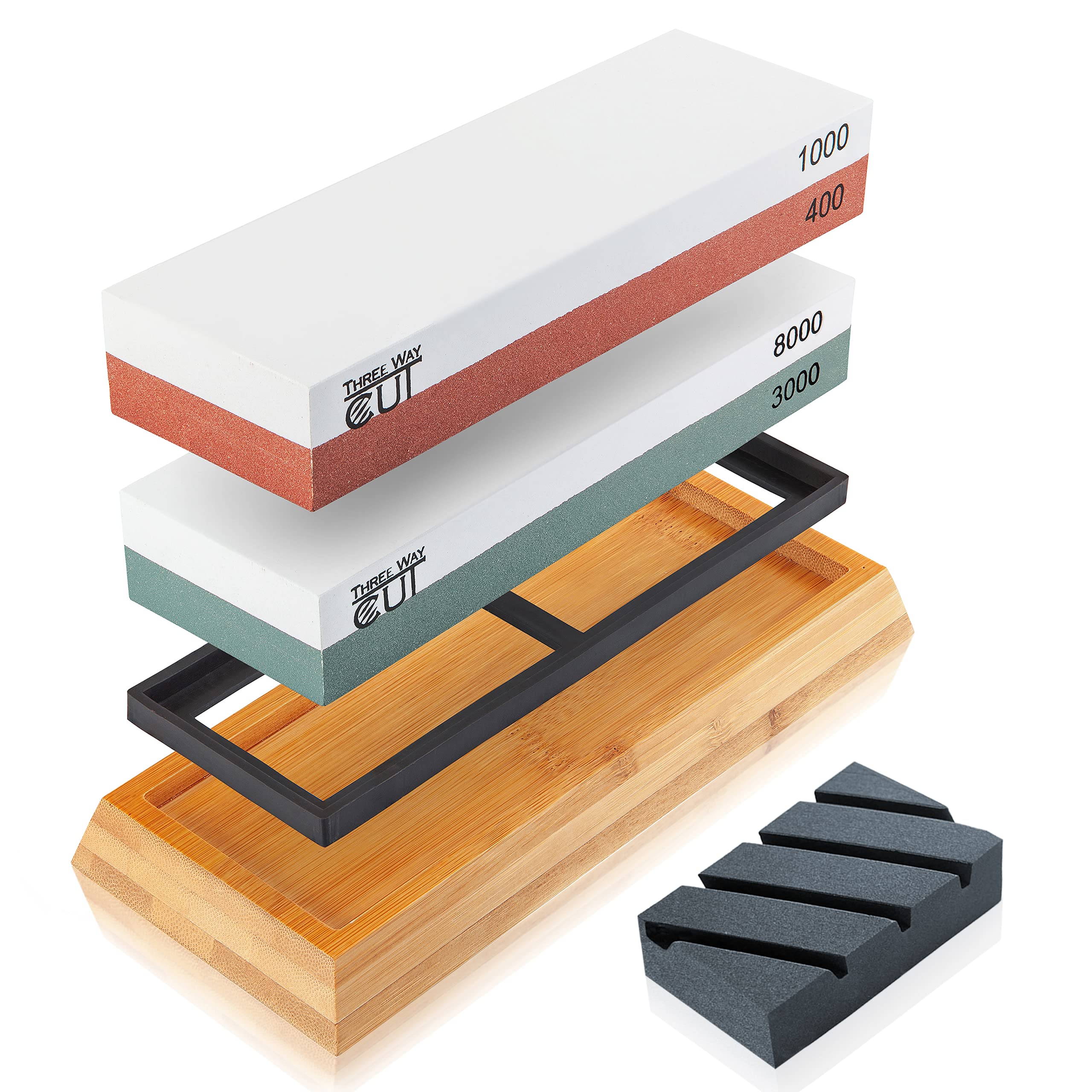 Premium Knife Sharpening Stone Set - 4 Grit Whetstone Kit (400/1000/3000/8000) with Anti-Slip Bamboo Base & Flattening Stone - Professional Waterstone Sharpener for Kitchen Knives, Chef Knives, Hunting Knives - Perfect for Home Kitchen, Restaurant & Outdoor Cooking