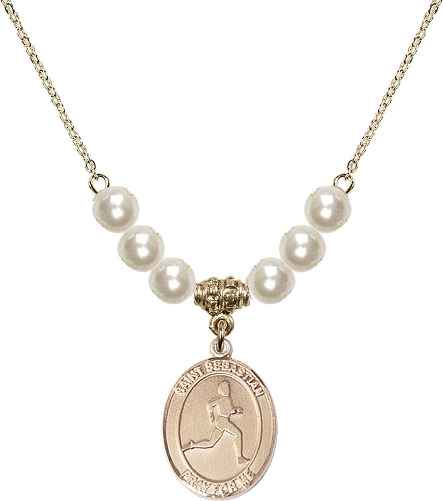 18K Gold Plated Hamilton Necklace with 6mm Faux Pearl Beads & Saint Sebastian Charm - Patron Saint of Athletes and Soldiers | Elegant Jewelry Gift for Track & Field Enthusiasts, Sports Lovers and Military Personnel