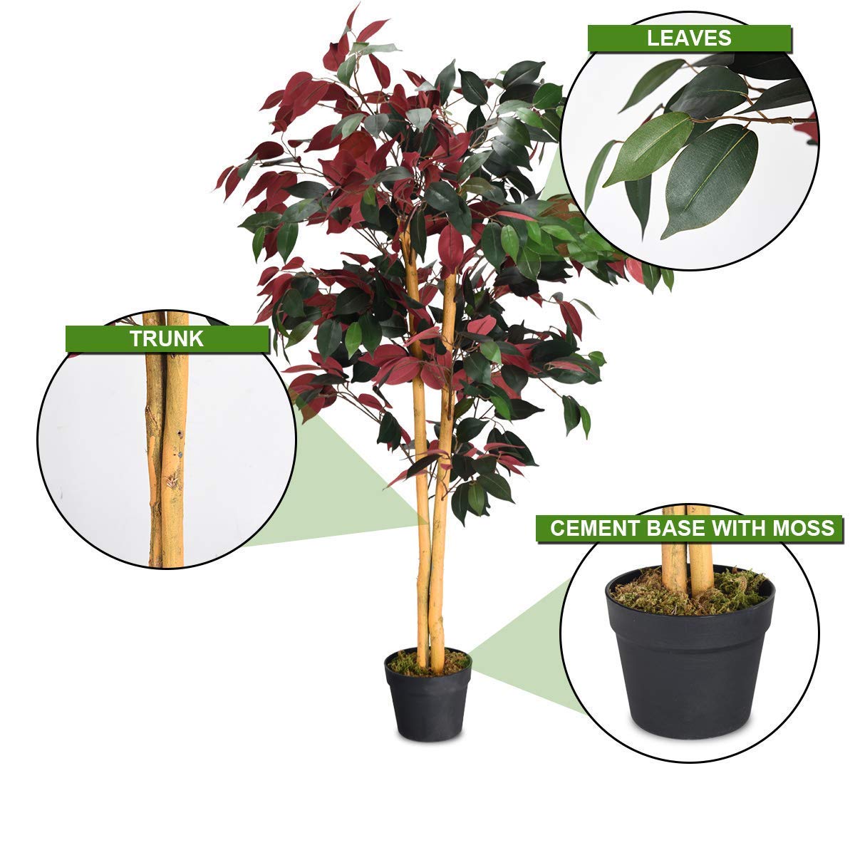 COSTWAY 4Ft Artificial Ficus Tree in Pot - Fake Green & Red Potted Plant for Home, Office, Lobby Decor - Perfect for Living Room, Bedroom, or Reception Area Decoration