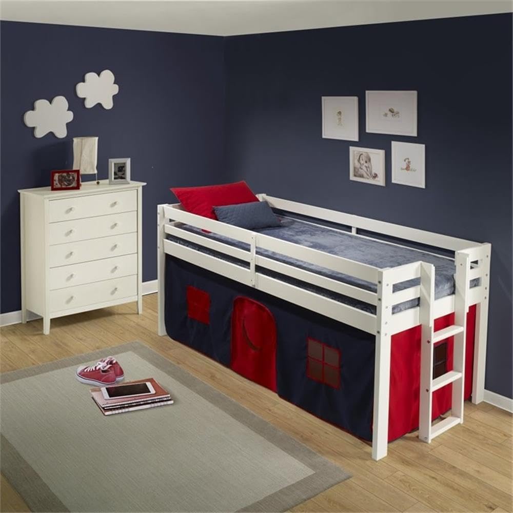 Roseberry Kids Twin Junior Loft Bed with Playhouse Tent - White Frame & Blue/Red Options | Space-Saving Bunk Bed for Small Rooms, Playful Sleep Solution for Toddlers & Kids