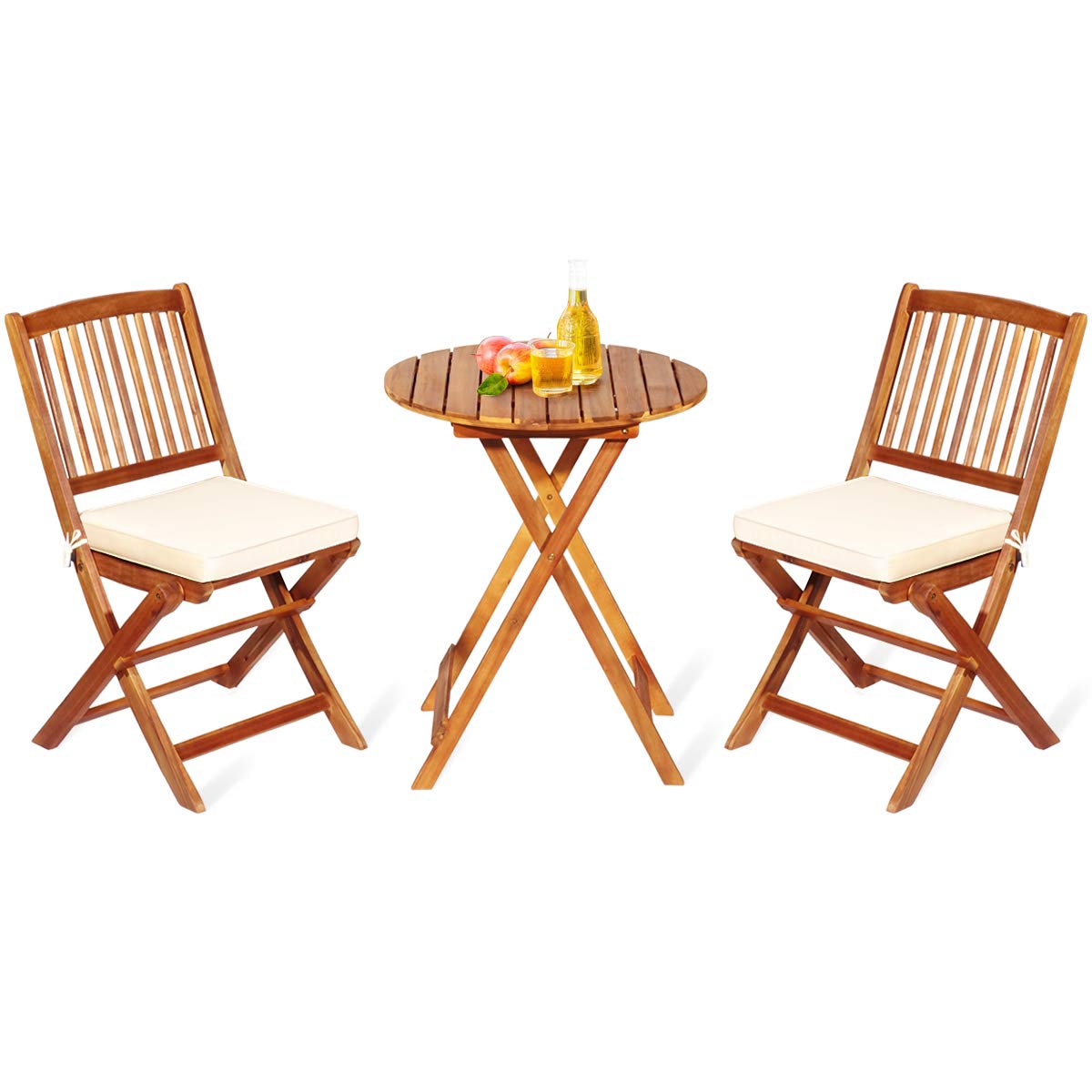 Giantex 3-Piece Patio Bistro Set - Wooden Folding Table with 2 Cushioned Chairs, Outdoor Garden Furniture for Yard, Deck, or Balcony - Natural & Beige Round Table Set for Relaxing, Dining, or Entertaining Guests