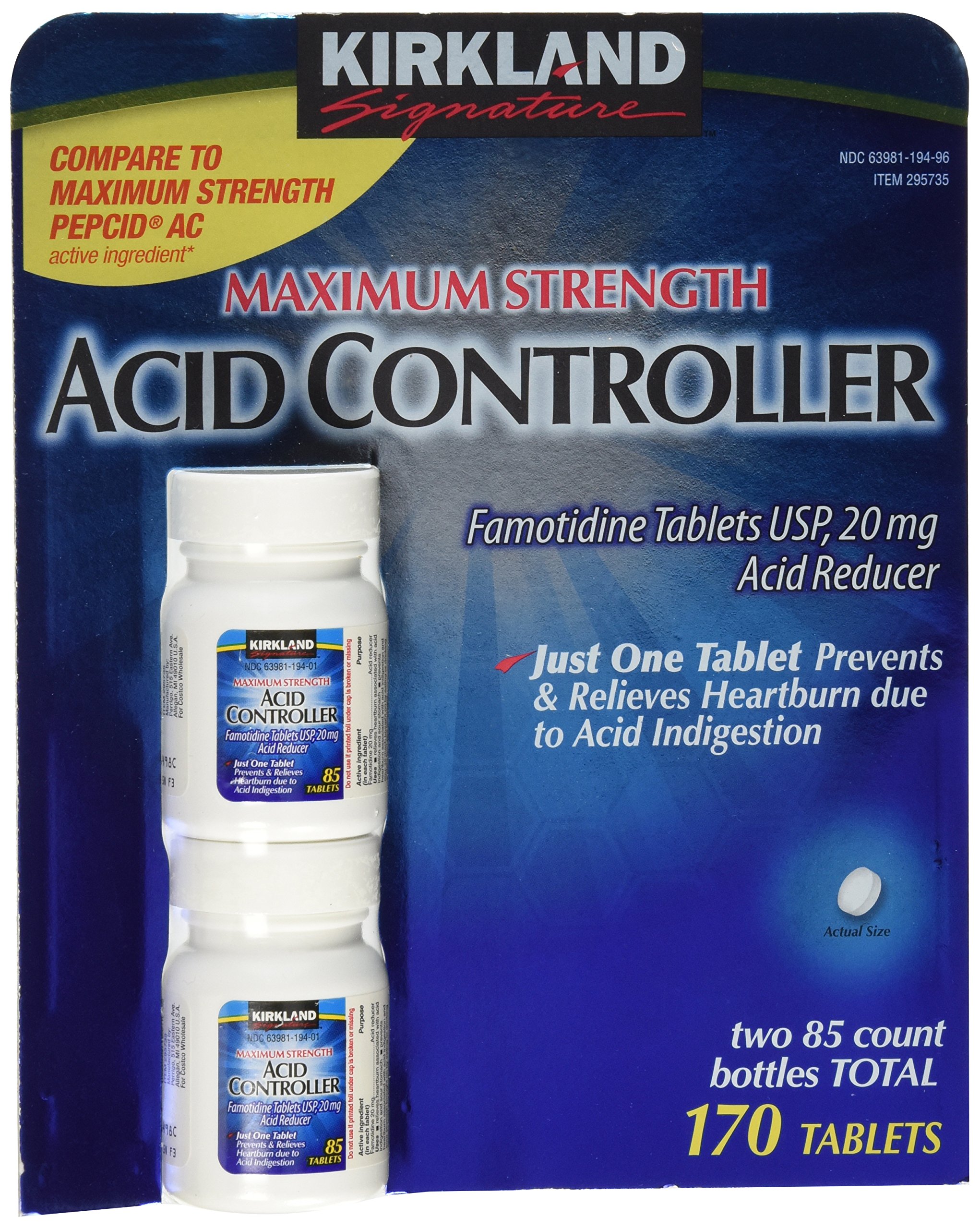 Kirkland Signature Acid Controller 20mg Famotidine Tablets - 170 Count | Heartburn Relief & Acid Reflux Treatment for Digestive Comfort | Perfect for After Meals & Nighttime Use